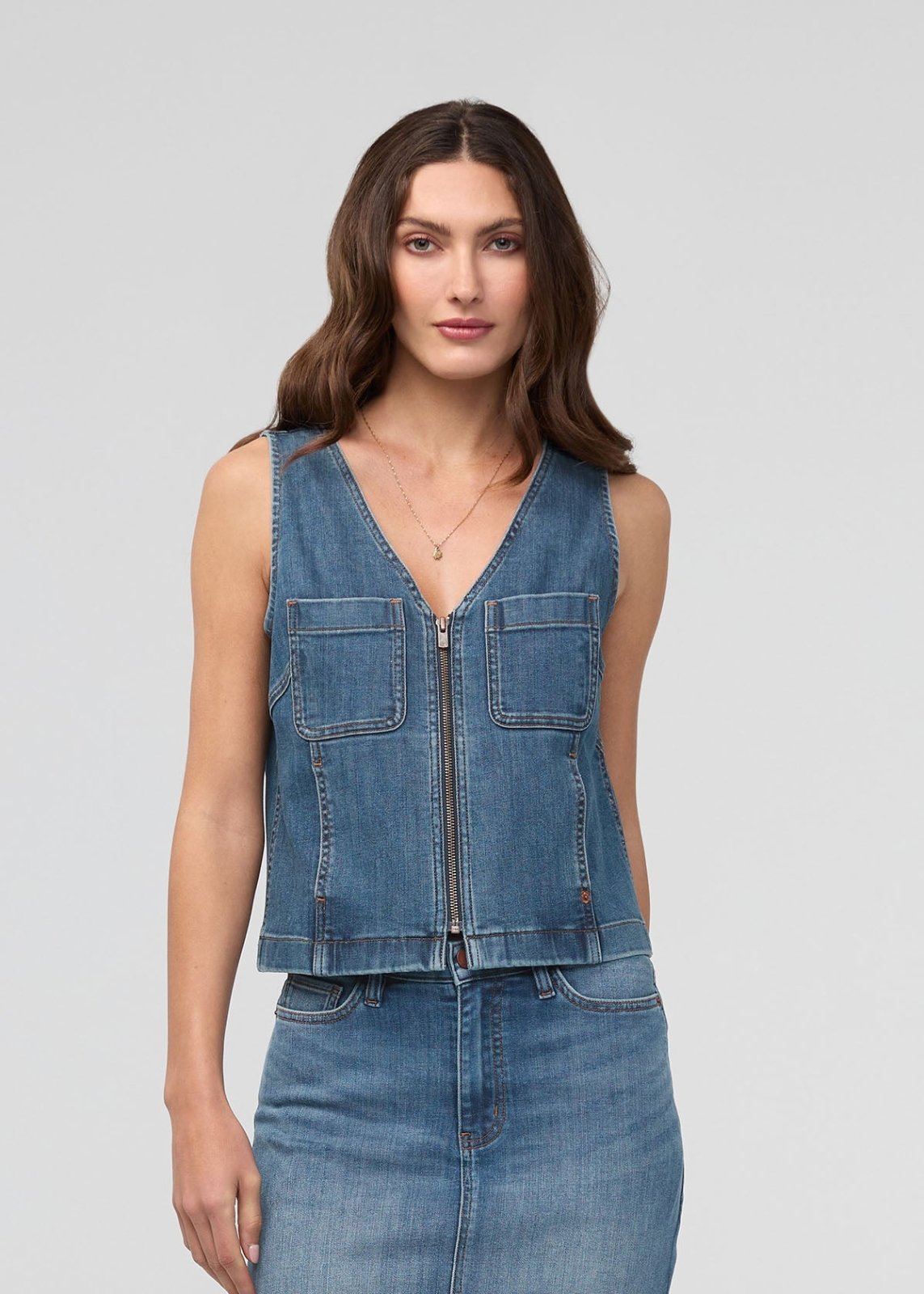 womens blue ash denim zip vest front