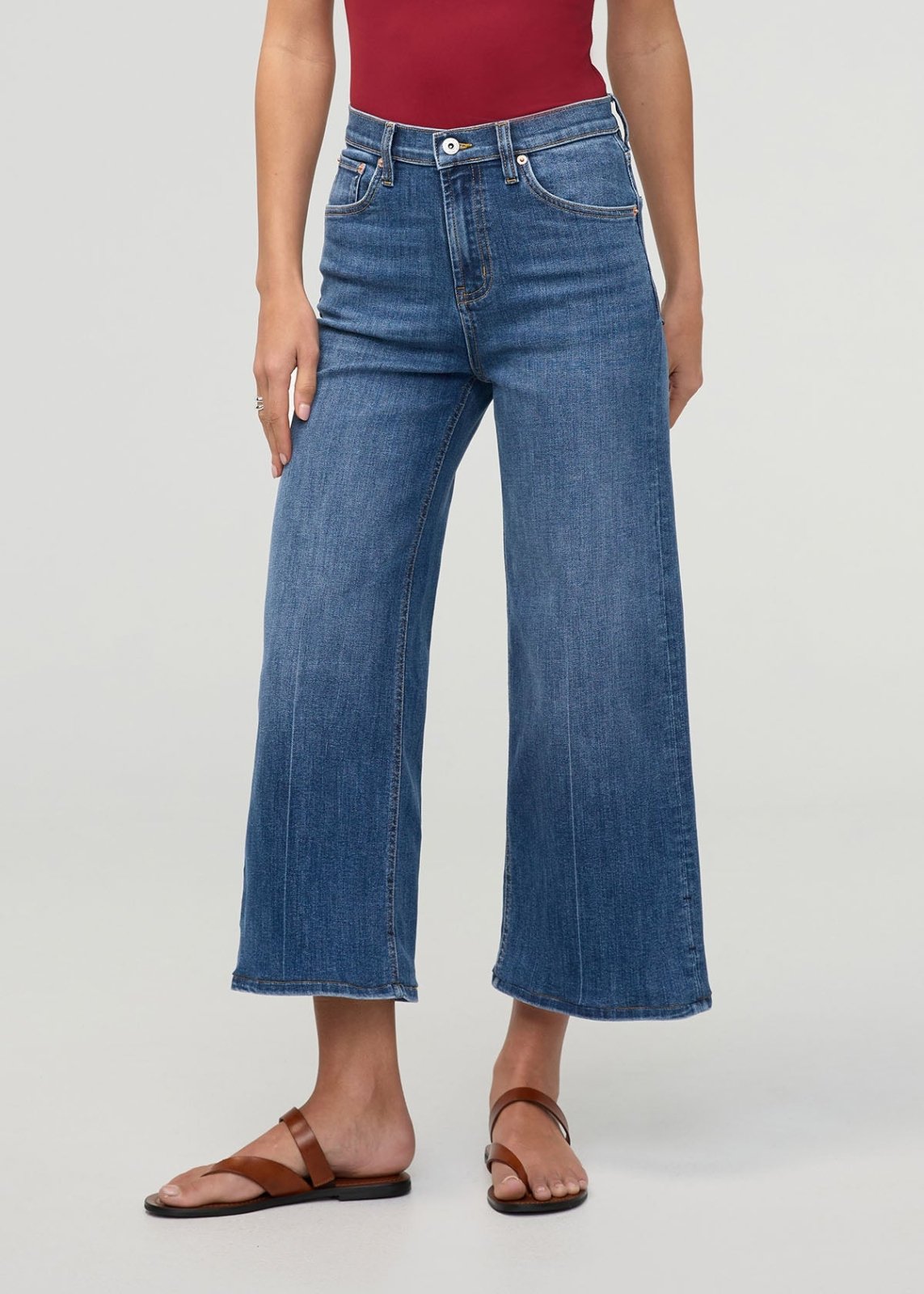 Blue denim high-rise wide-leg crop pants with a button fly and five-pocket styling.