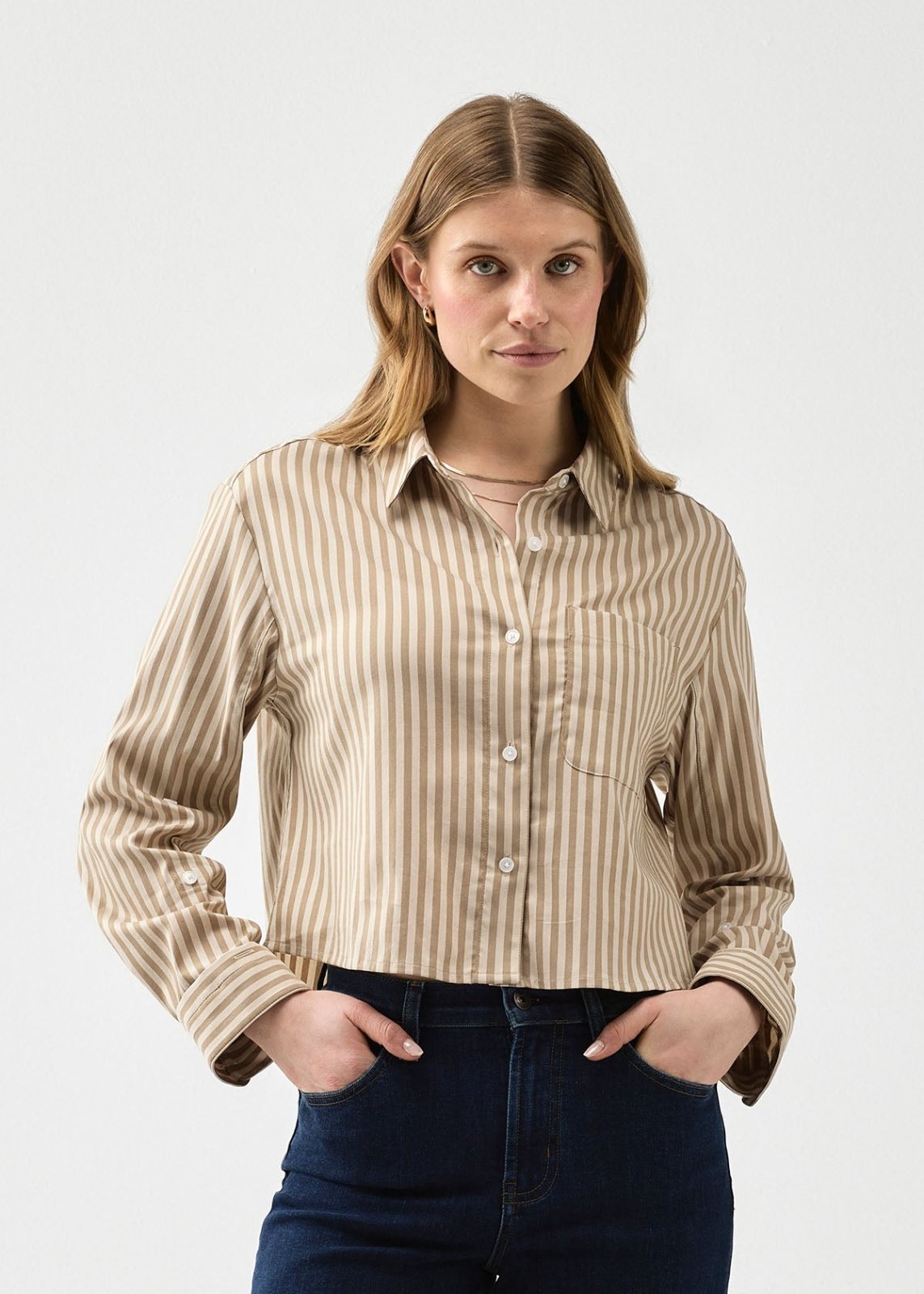 Women's Warm Sand Stripe Twill Button Down front