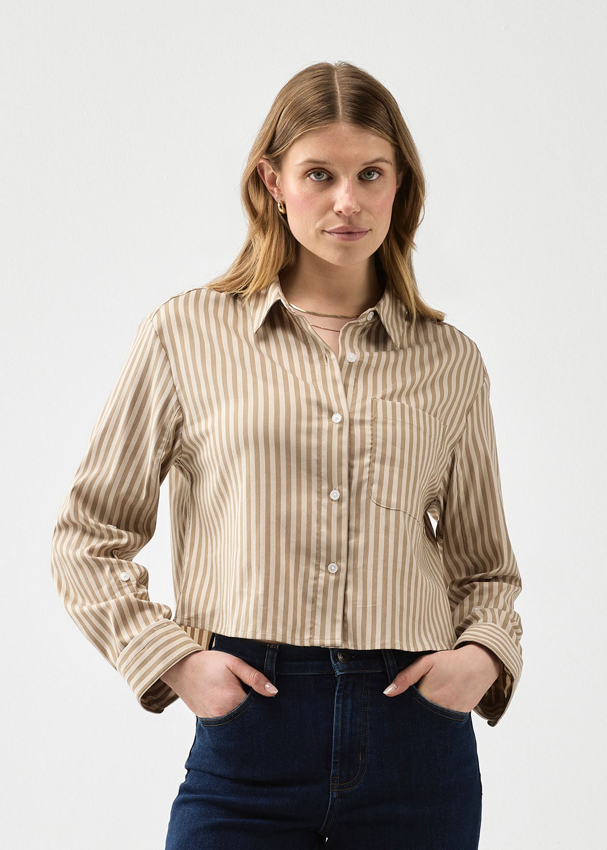 Women's Warm Sand Stripe Twill Button Down front
