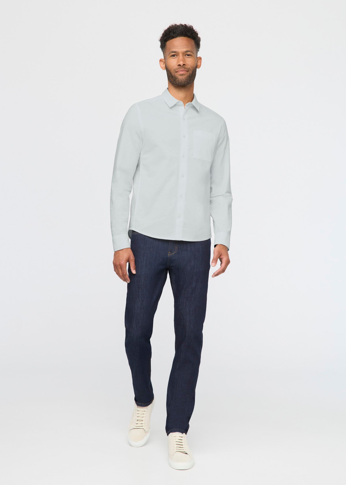 Men's Light Blue Stretch Button Down Shirt Full Body