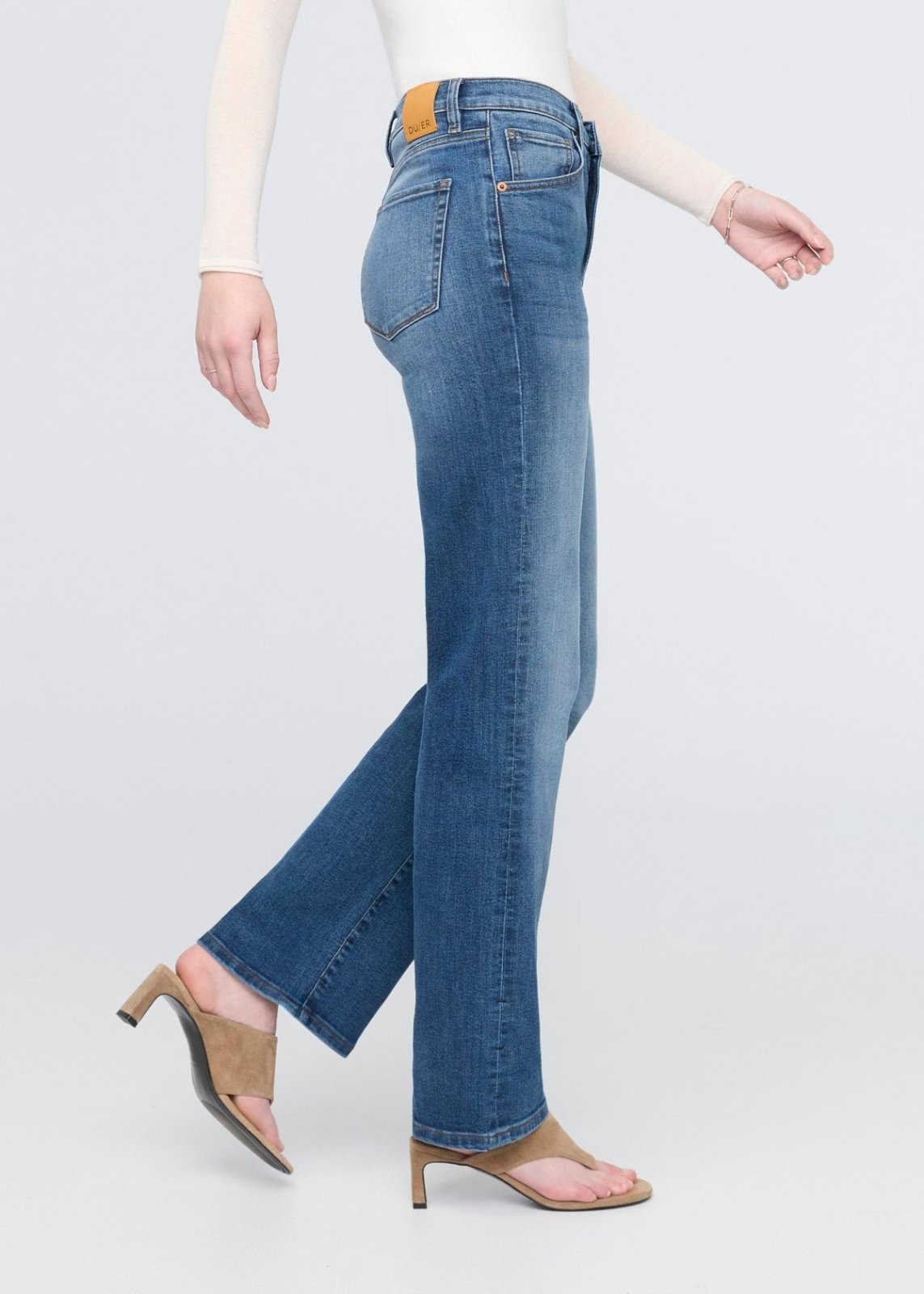 women's mid blue high rise straight jeans side