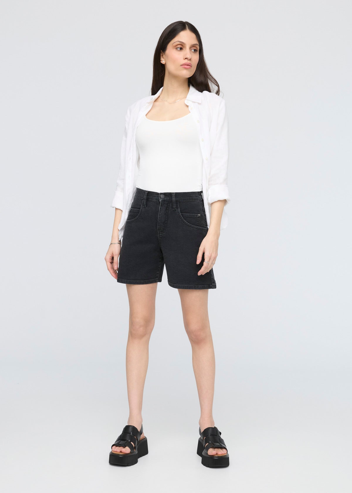 womens black stretch canvas high rise relaxed short full body