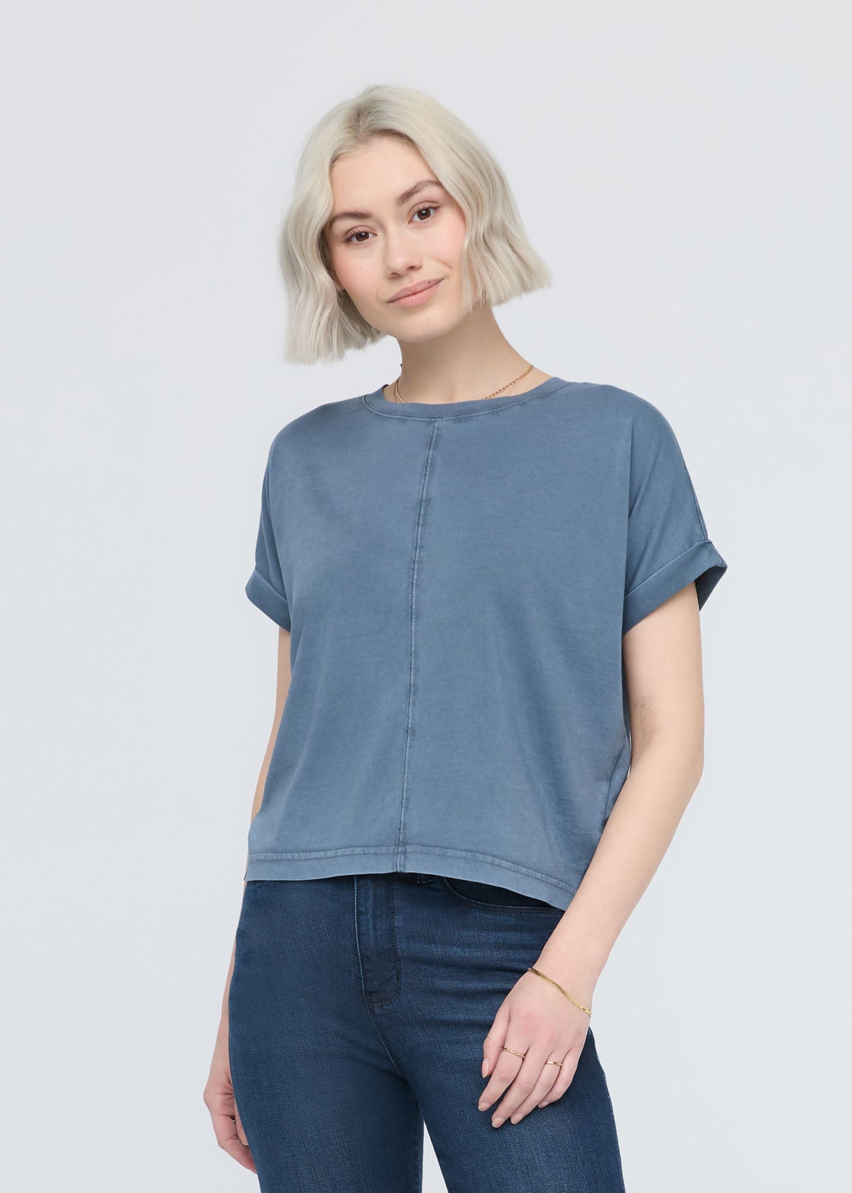 women's washed stone blue 100% pima cotton t-shirt front