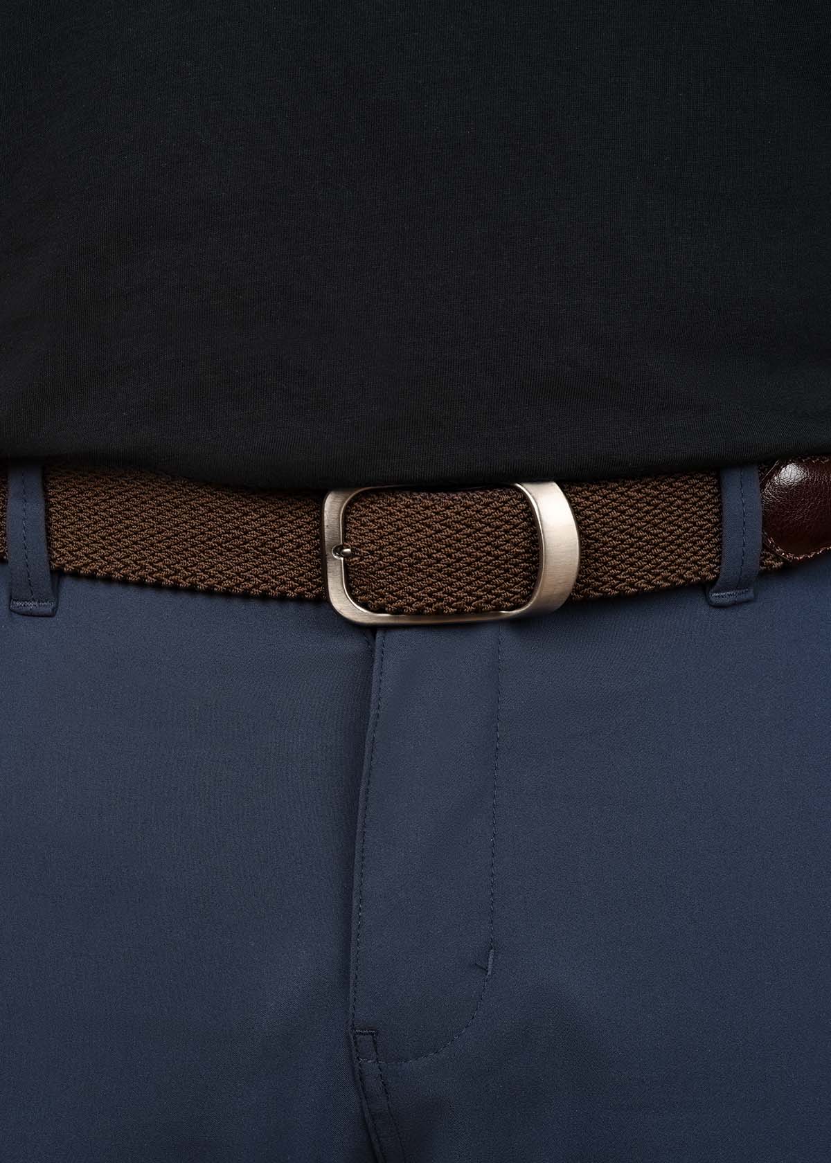 mens brown performance stretch belt buckle detail