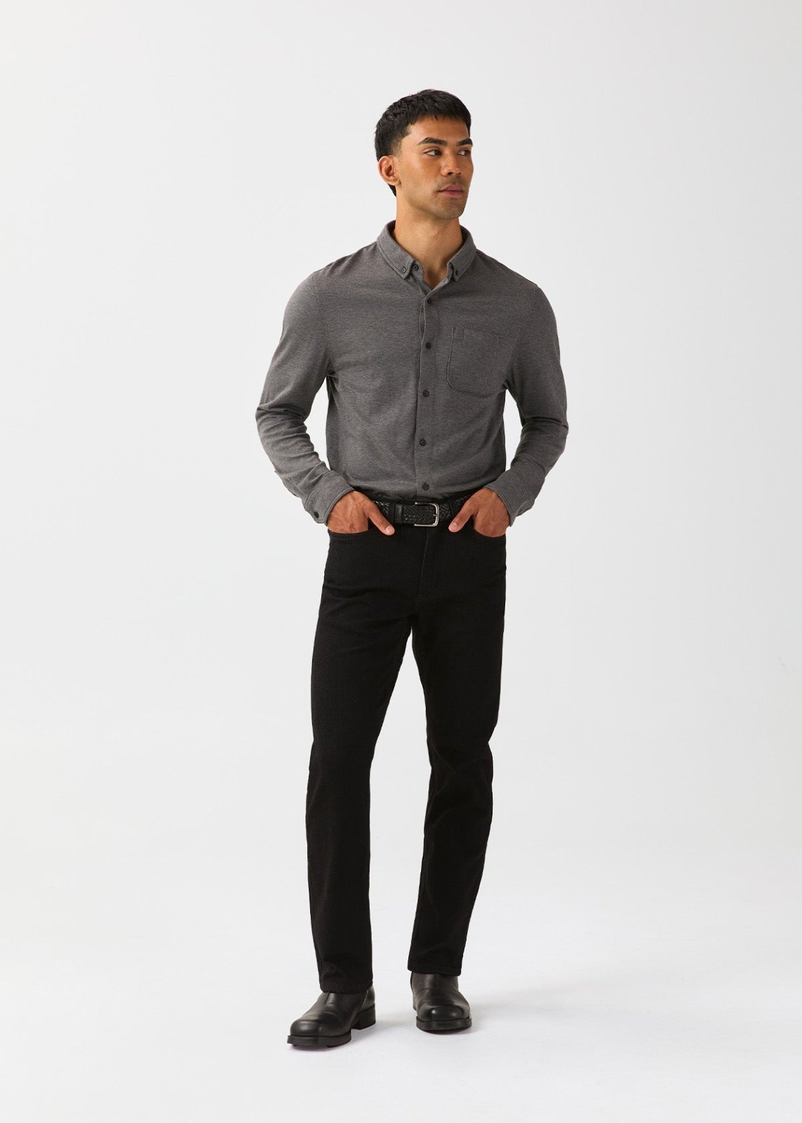 Men's Black Straight Fit Fleece Stretch Jeans front full body