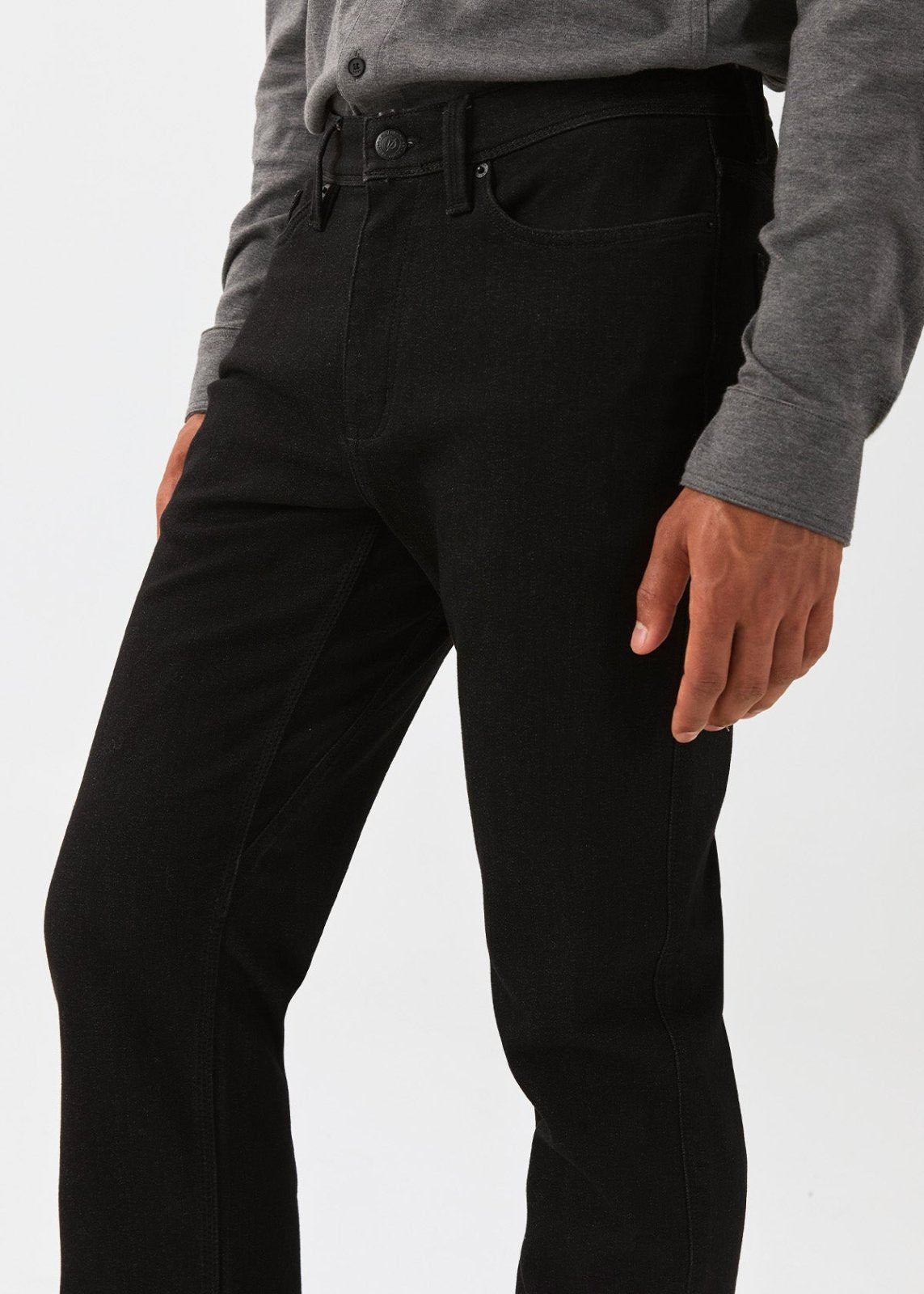 Men's Black Straight Fit Fleece Stretch Jeans front gusset detail