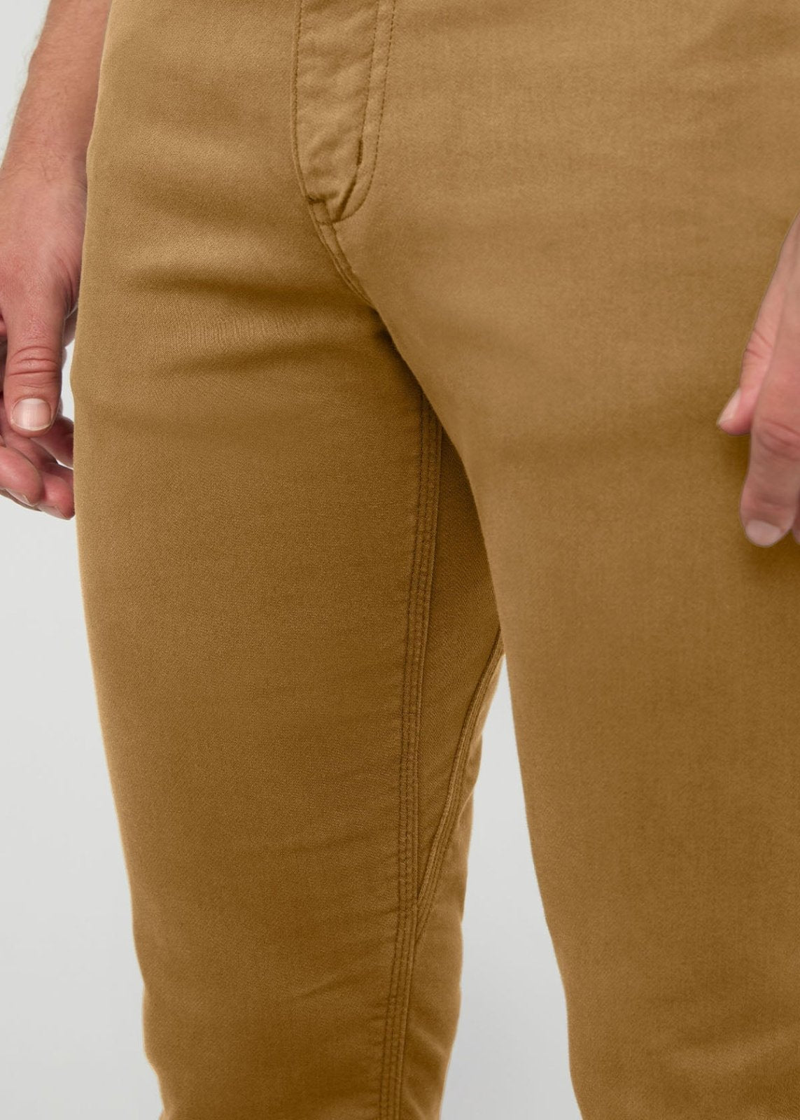 mens-no-sweat-slim-straight-caramel front gusset detail
