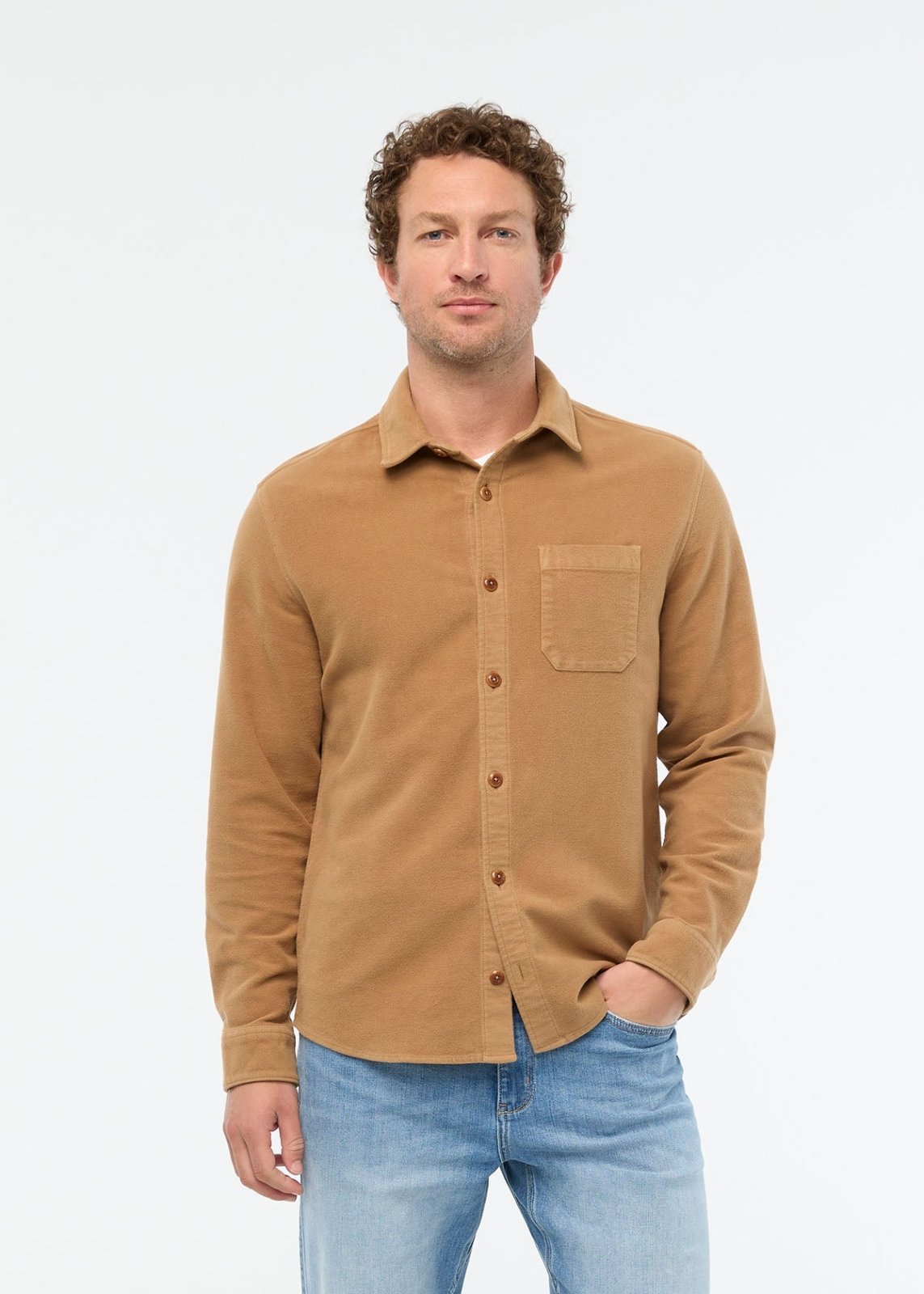 mens-no-sweat-moleskin-overshirt-caramel front