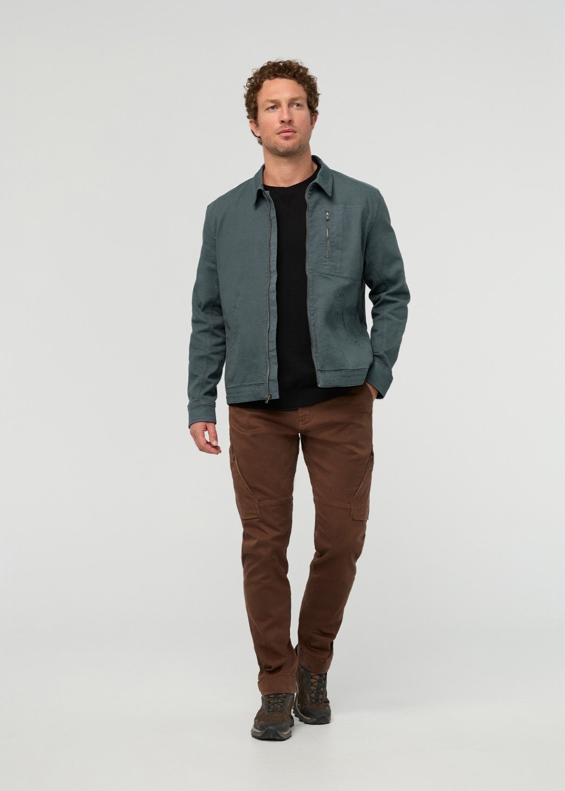 mens-stretch-canvas-utility-jacket-garment-dye-slate-blue front full body