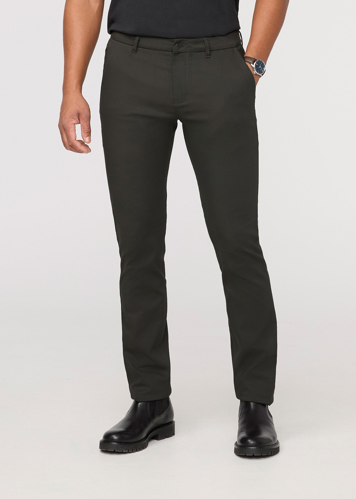 mens dark green relaxed fit stretch trouser front