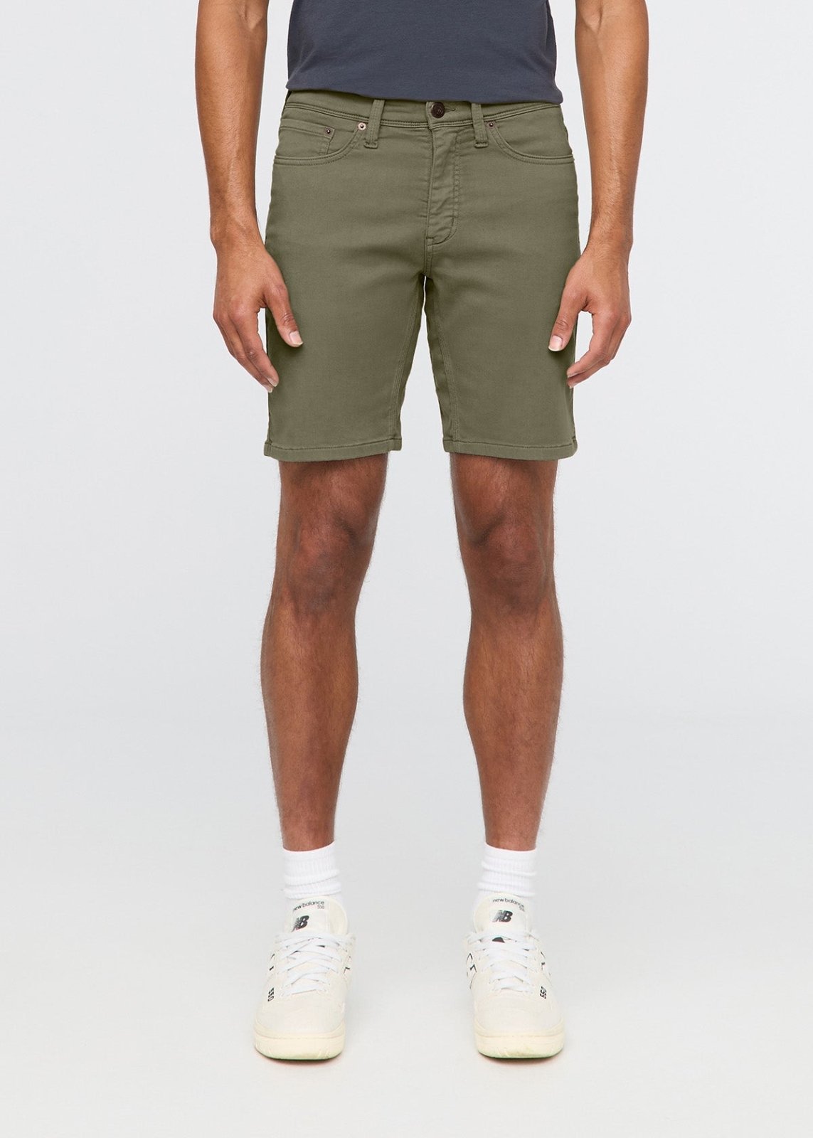 Men's light fern slim shorts with five-pocket styling and button closure.