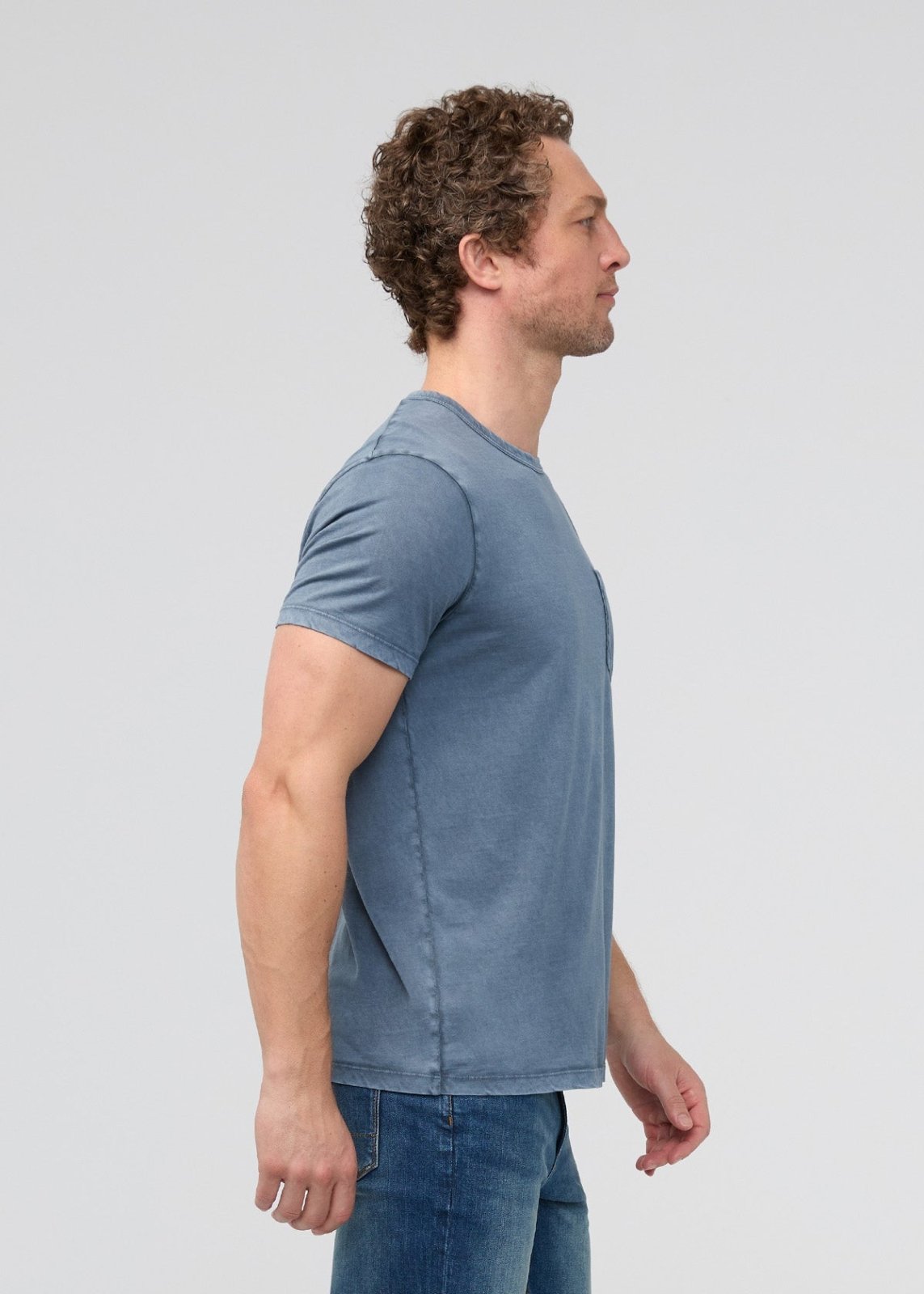 Men's Pima Cotton Vintage Style Washed Stone Blue T-Shirt Side
