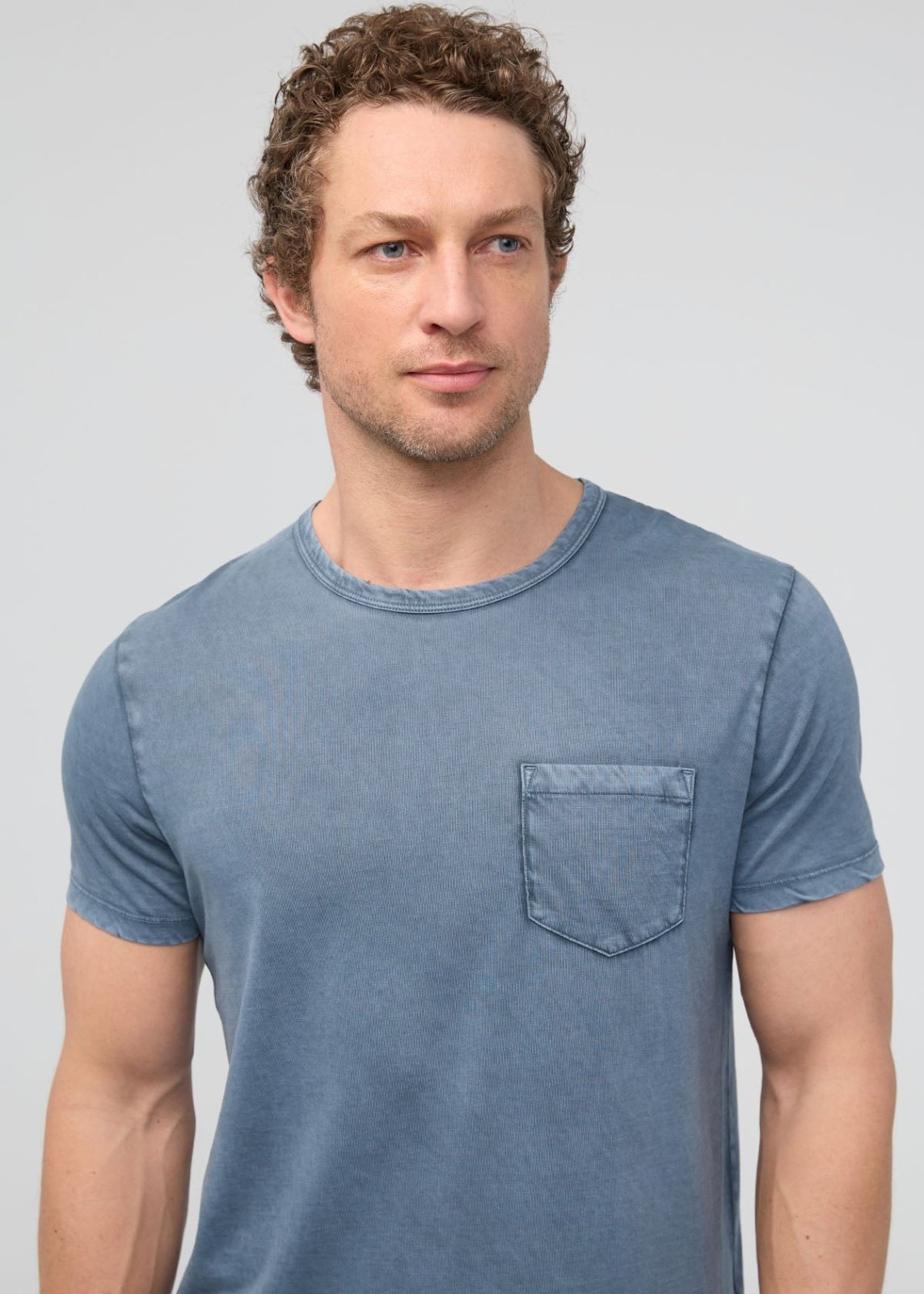 Men's Pima Cotton Vintage Style Washed Stone Blue T-Shirt Detail