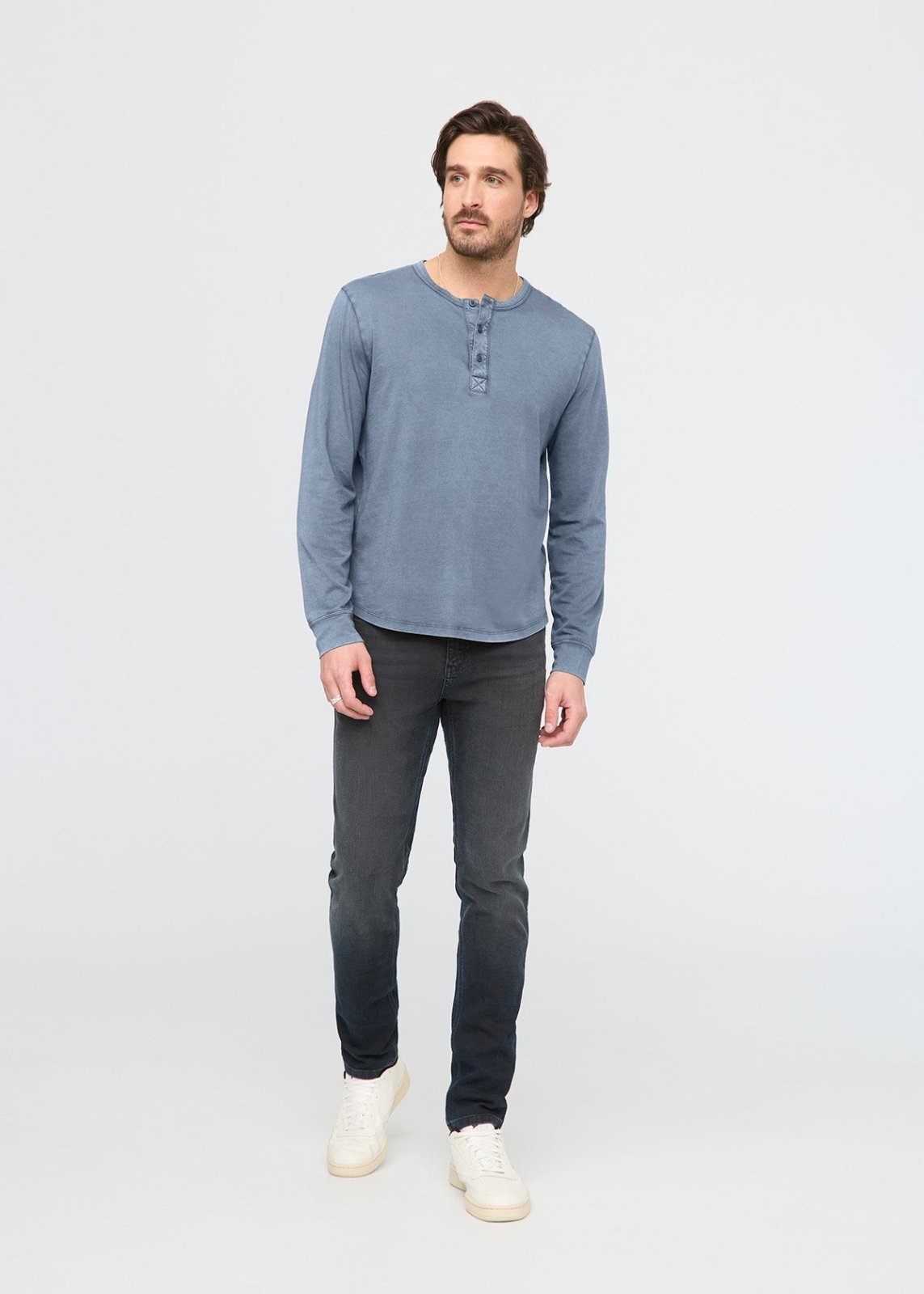 mens 100% pima cotton washed stone blue henley long sleeve full body