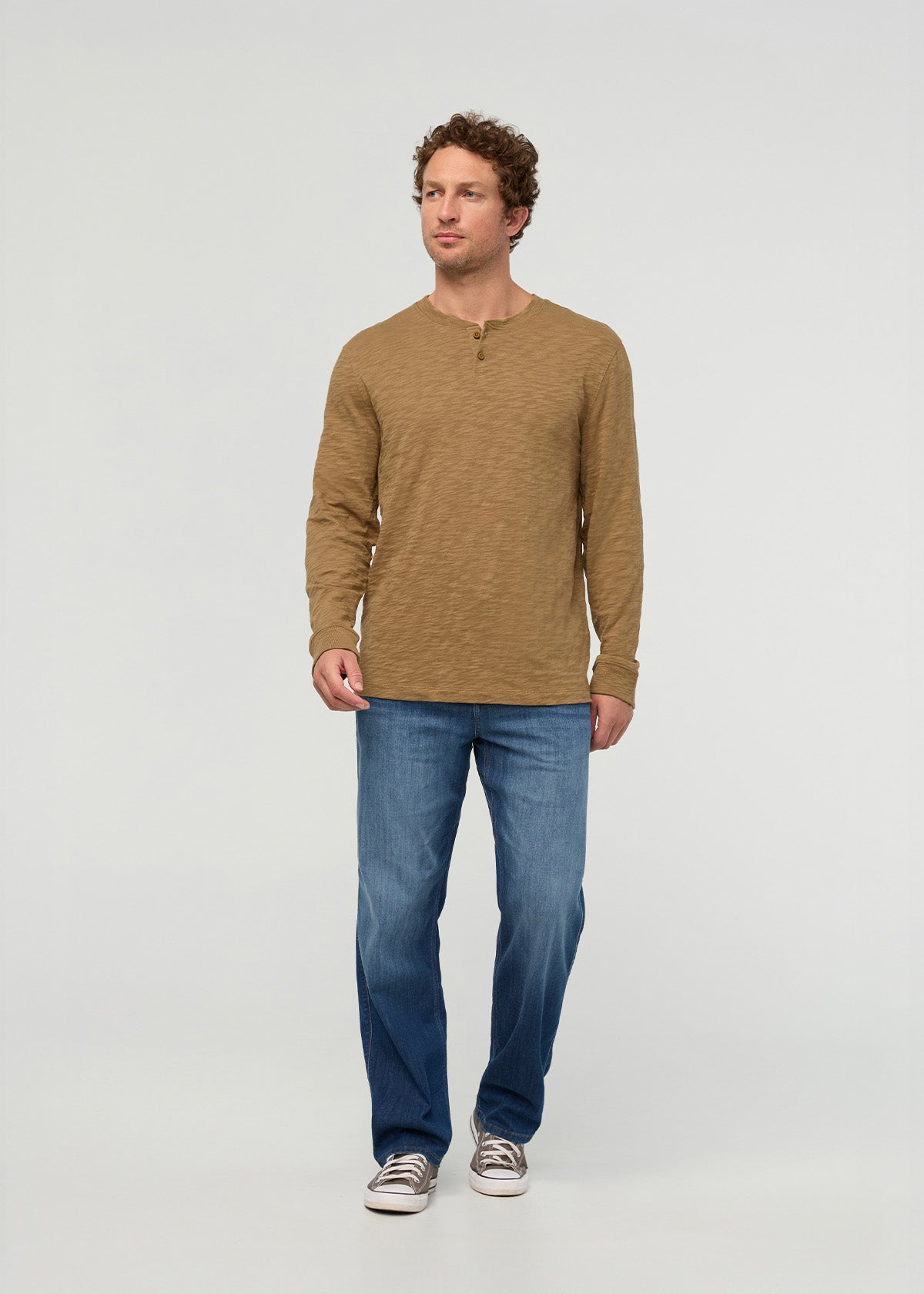 T-shirt Henley à manches longues en jersey slub d'épaisseur moyenne - Caramel