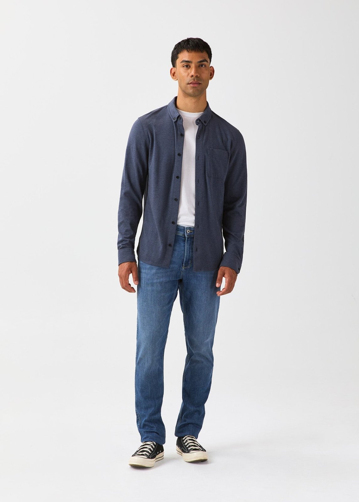 mens-performance-flannel-lite-one-pocket-shirt-heather-navy front full body
