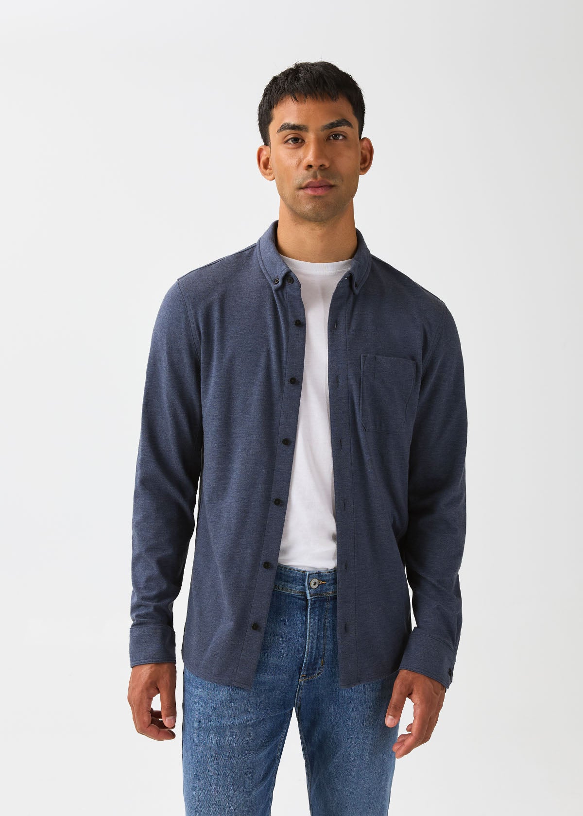 mens-performance-flannel-lite-one-pocket-shirt-heather-navy front