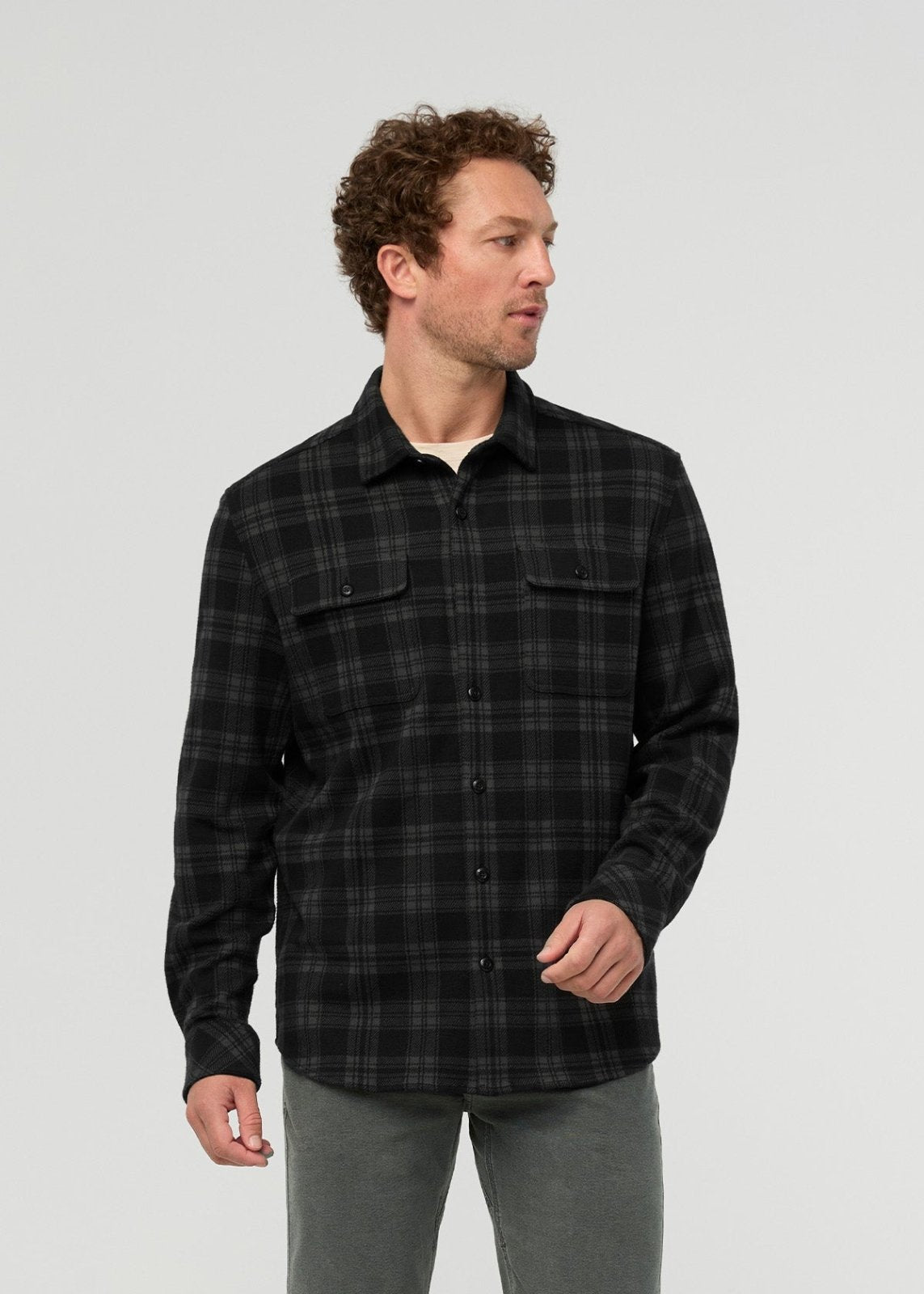mens-performance-flannel-overshirt-black-plaid front