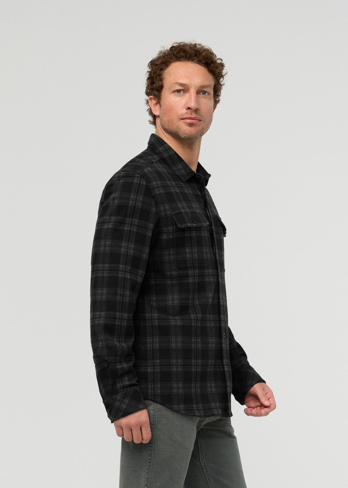mens-performance-flannel-overshirt-black-plaid side