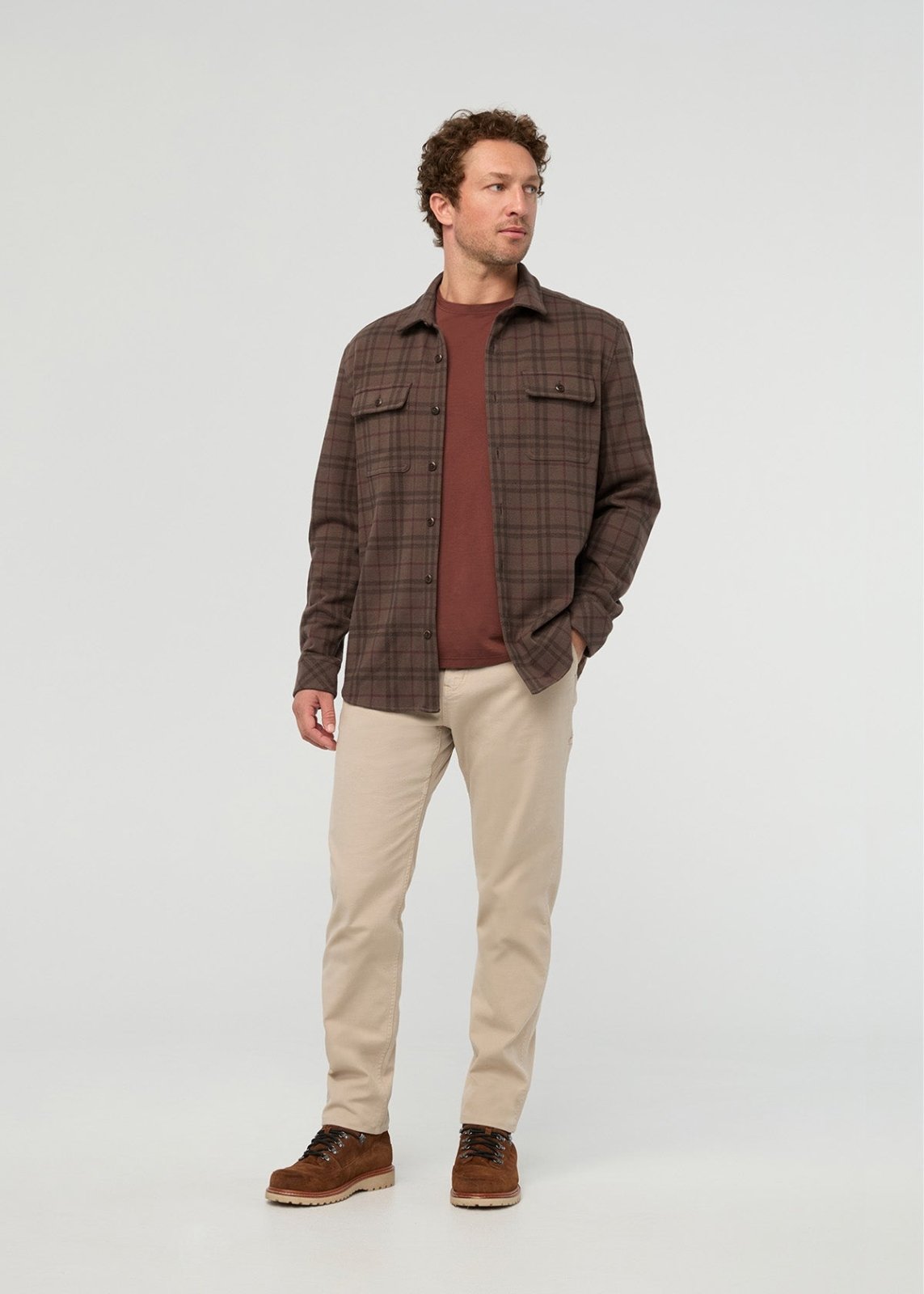 mens-performance-flannel-overshirt-stout-plaid full front body