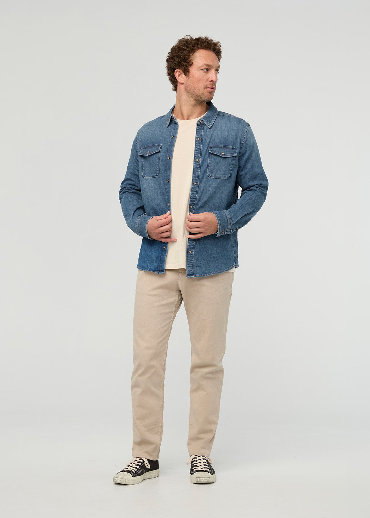 Men's Vintage Stone Wash Denim Lite Two-Pocket Shirt front full body