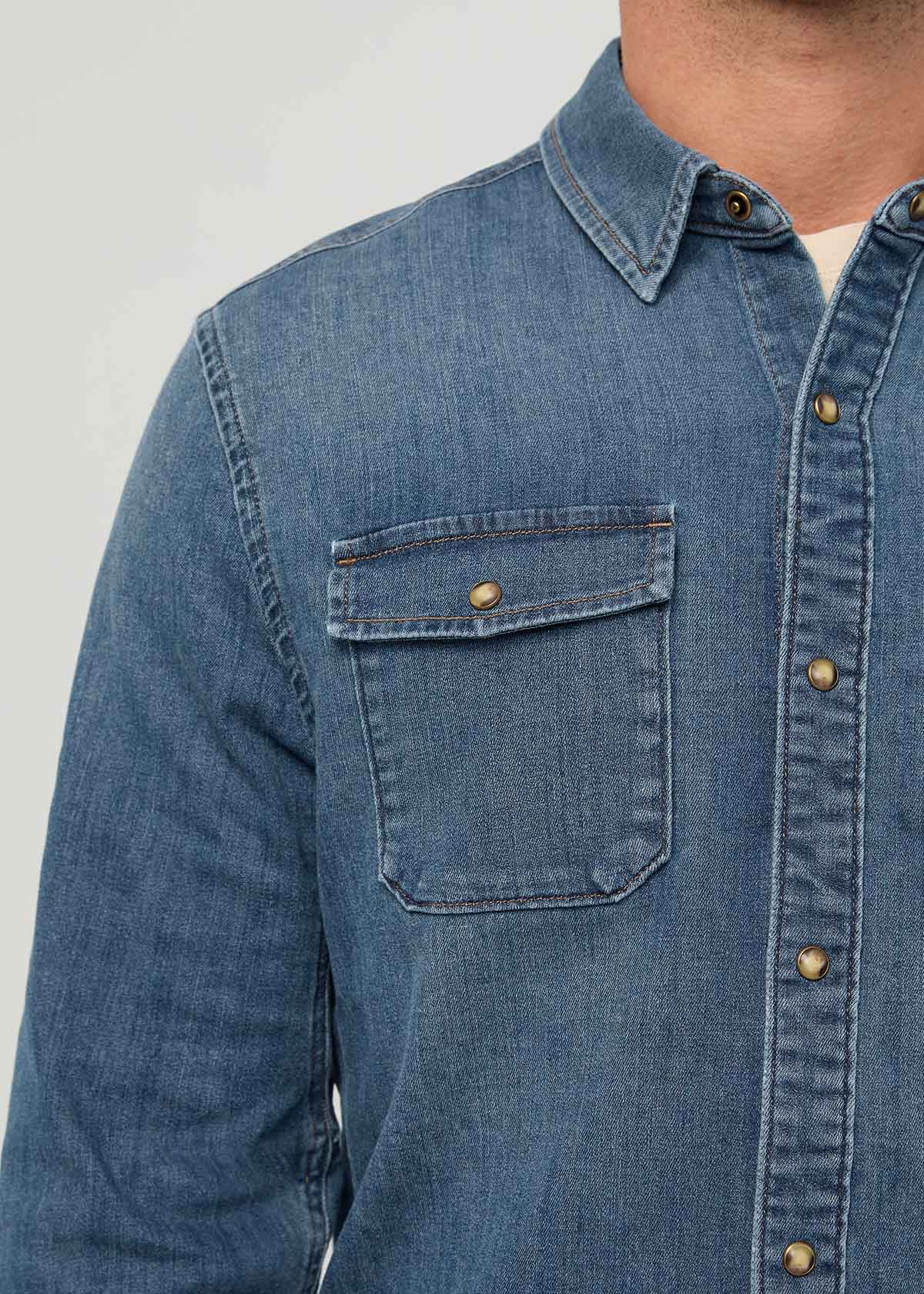 Men's Vintage Stone Wash Denim Lite Two-Pocket Shirt front pocket detail