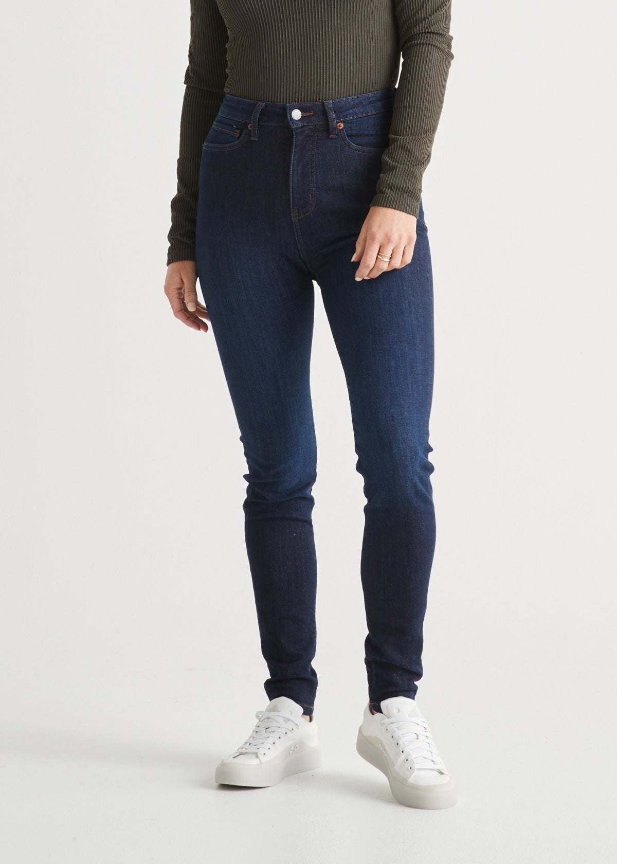womens high rise stretch denim dark wash skinny jean front waist down