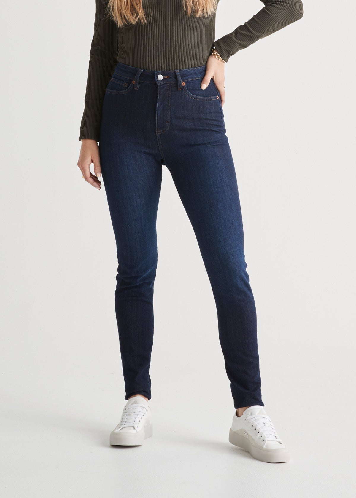 womens high rise stretch denim dark wash skinny jean front