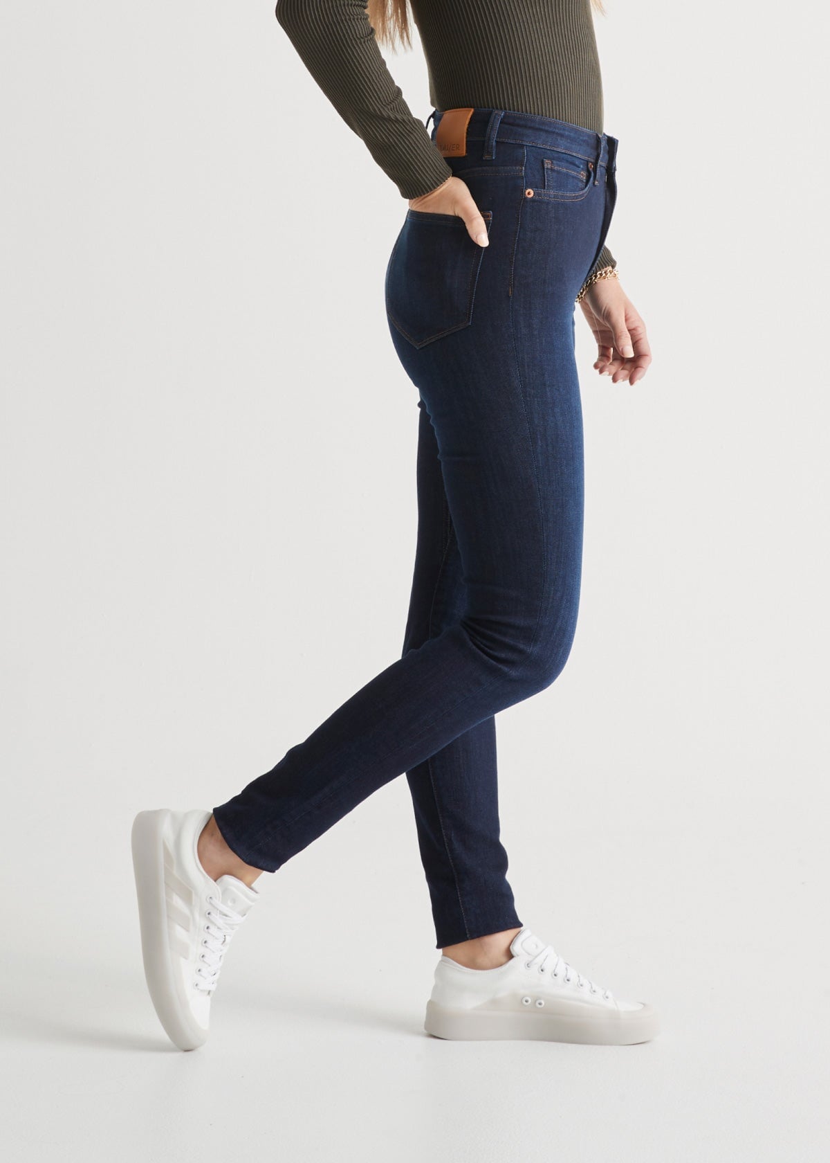 womens high rise stretch denim dark wash skinny jean side