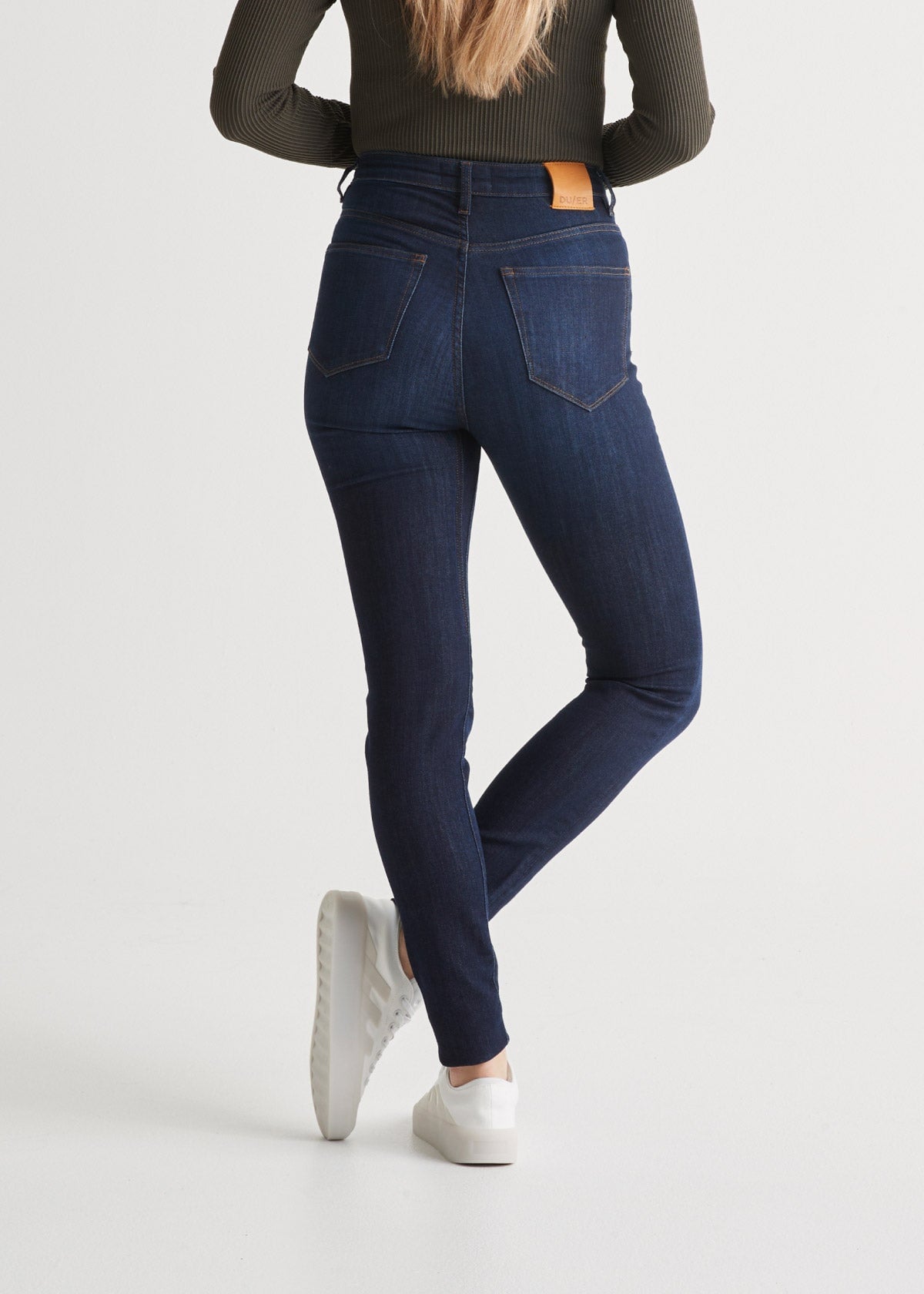 womens high rise stretch denim dark wash skinny jean back