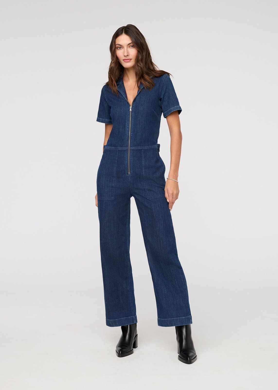 womens dark stone short sleeve jumpsuit front
