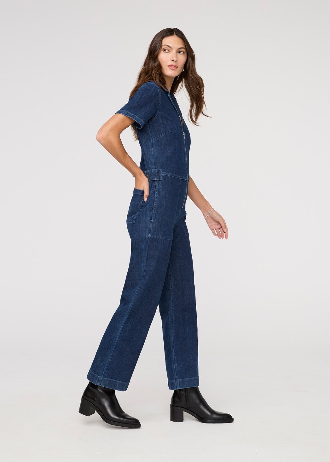 womens dark stone short sleeve jumpsuit side