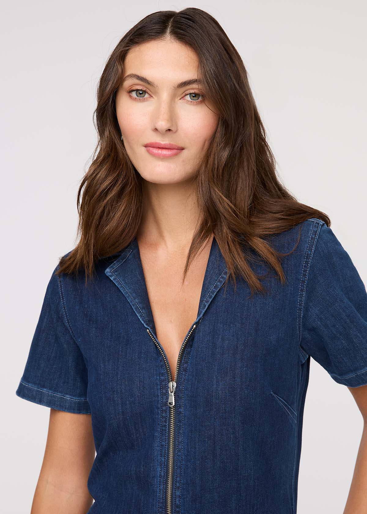 womens dark stone short sleeve jumpsuit front zip