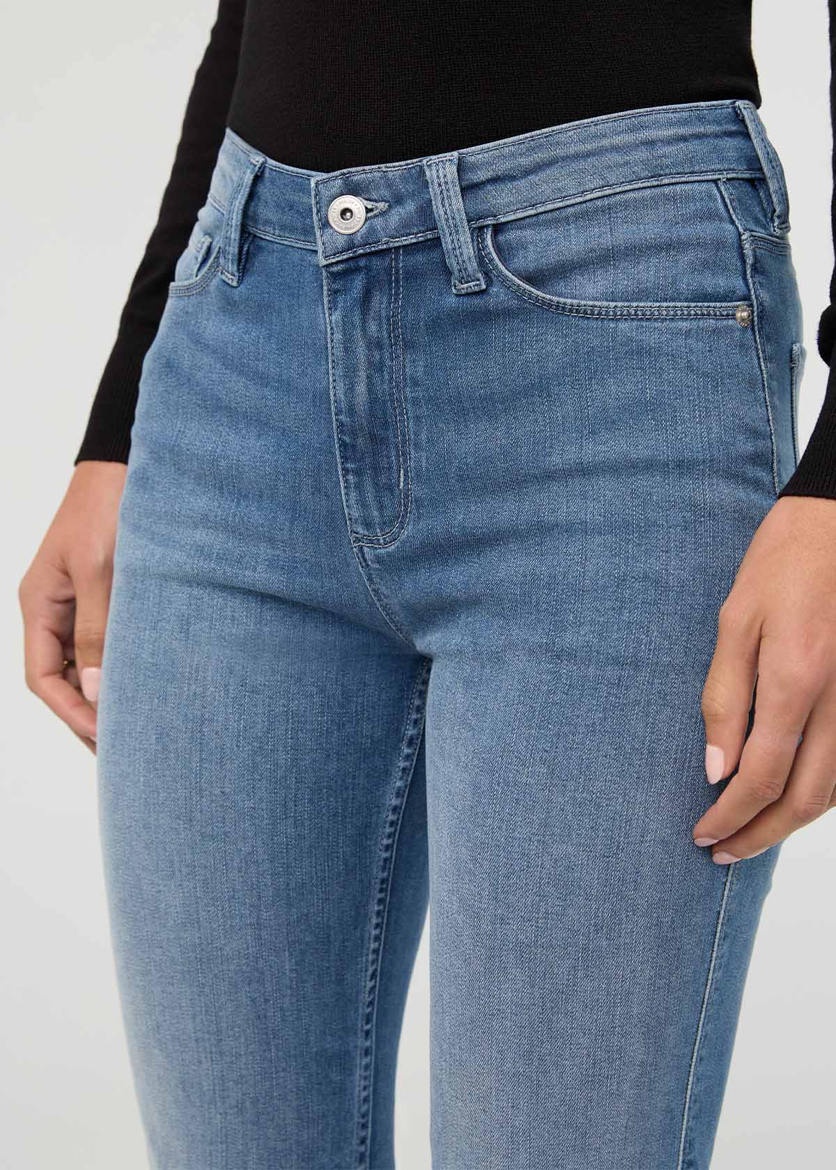 Women's Performance Denim London Fog Slim Straight Jeans front zipper detail