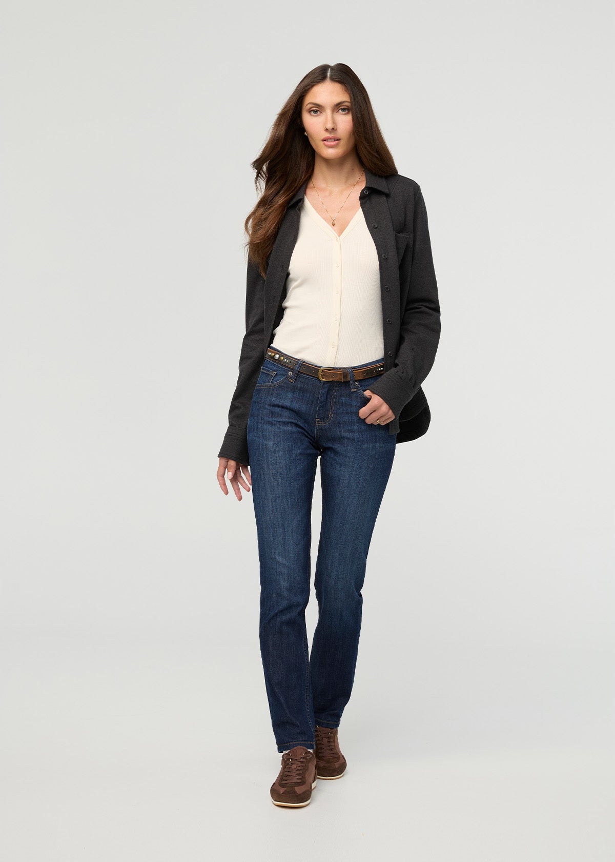 Women's Relaxed Fit Marina Blue Stretch Jeans full front body