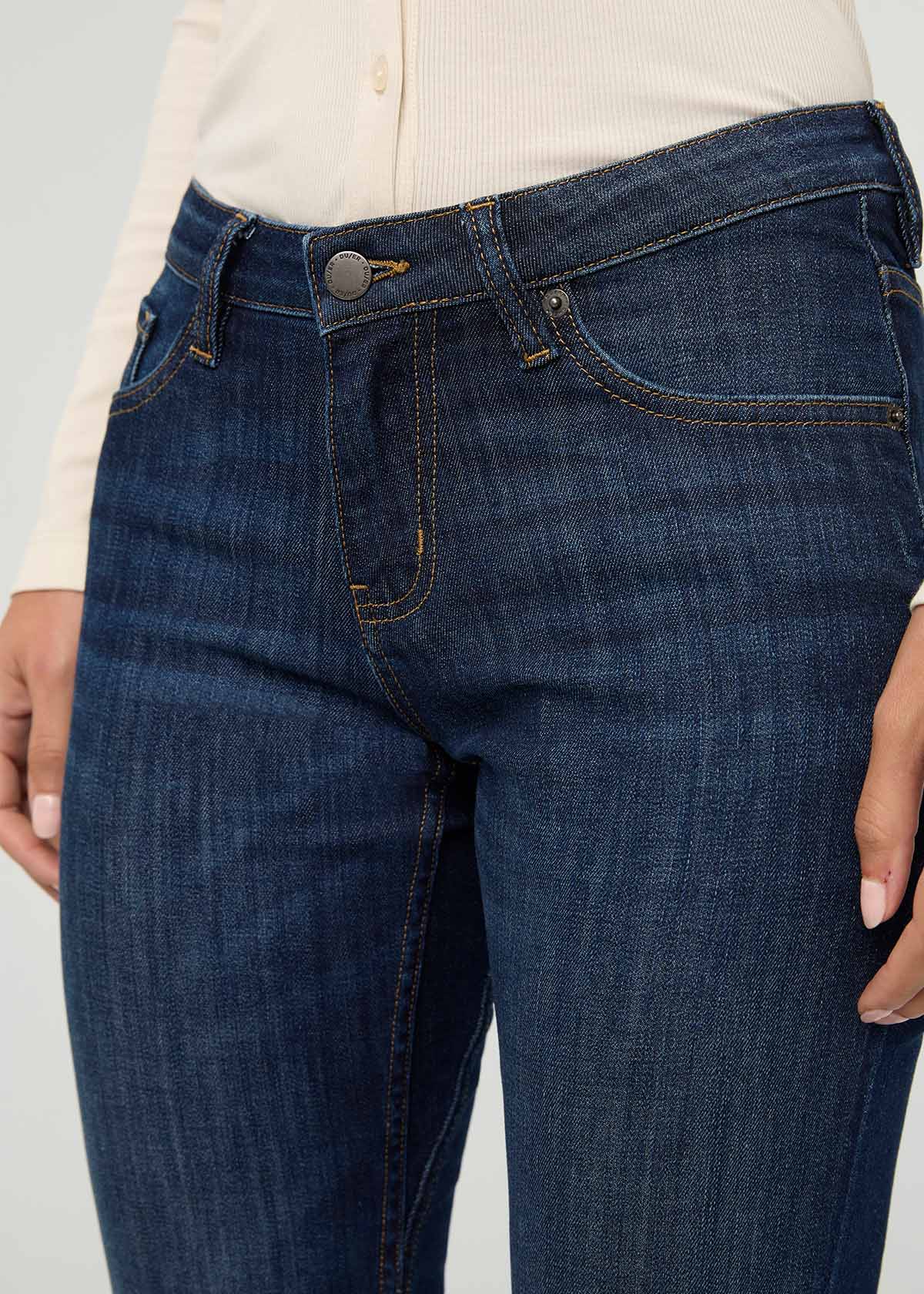 Women's Relaxed Fit Marina Blue Stretch Jeans front zipper detail