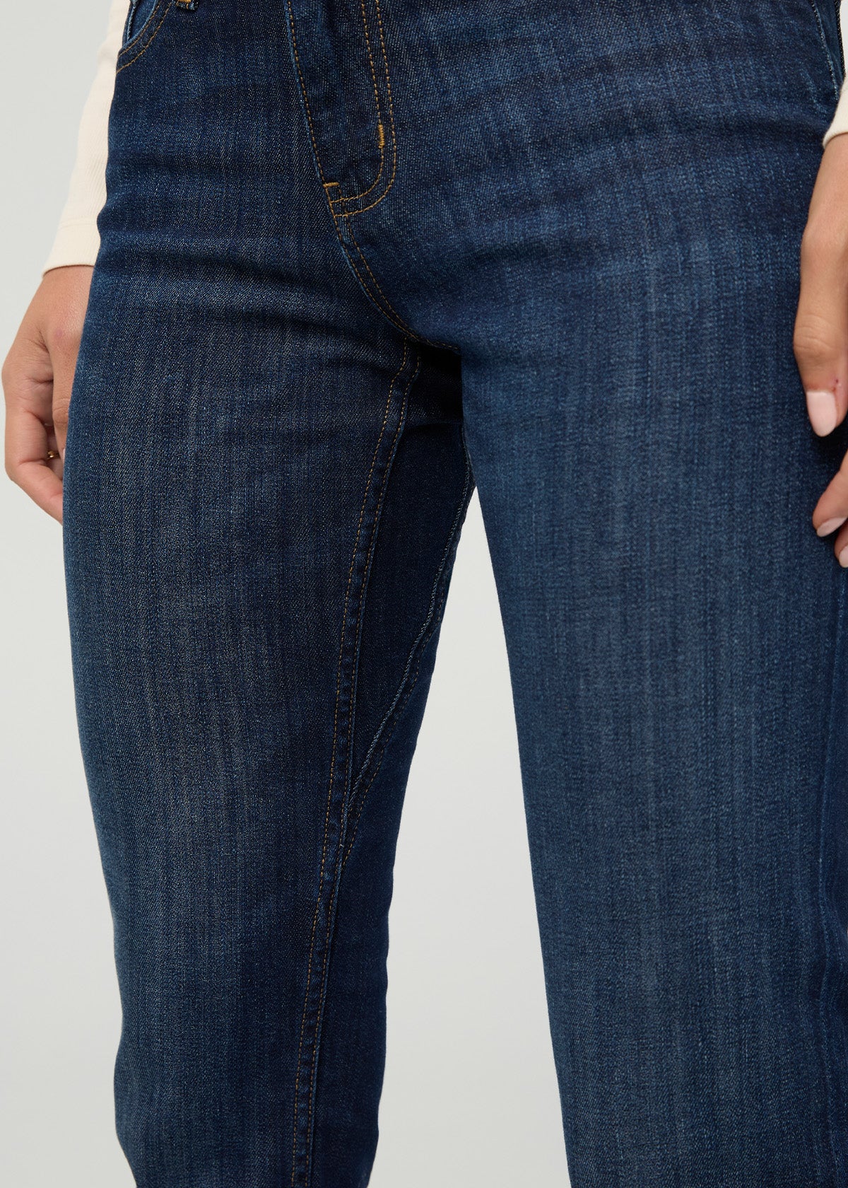 Women's Relaxed Fit Marina Blue Stretch Jeans front gusset detail