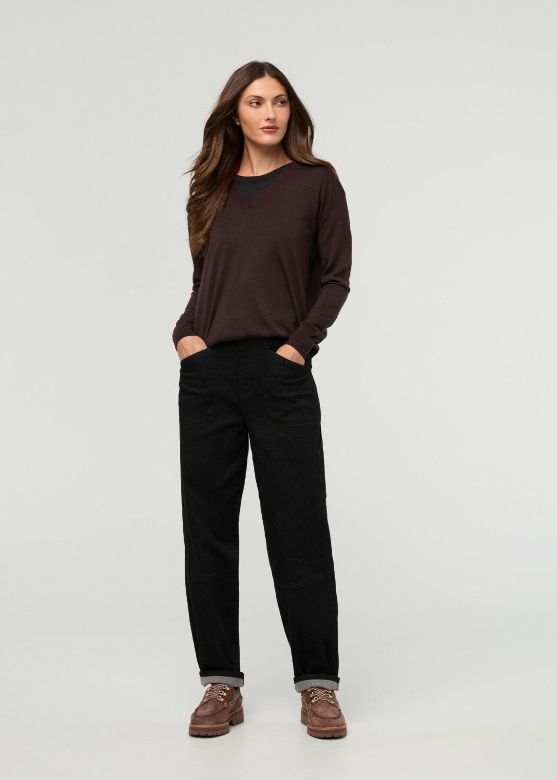 Women's Black High Rise Straight Fleece-Lined Jeans full front body