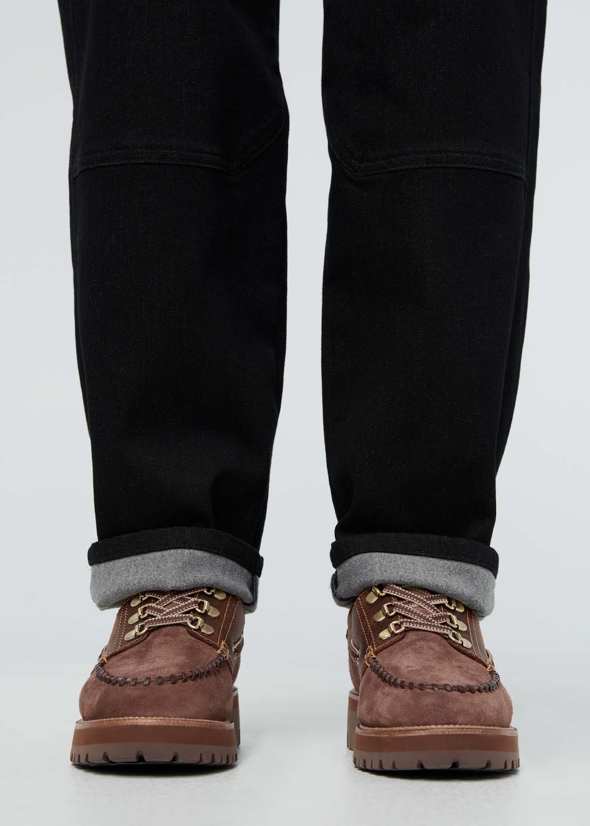 Women's Black High Rise Straight Fleece-Lined Jeans cuff detail