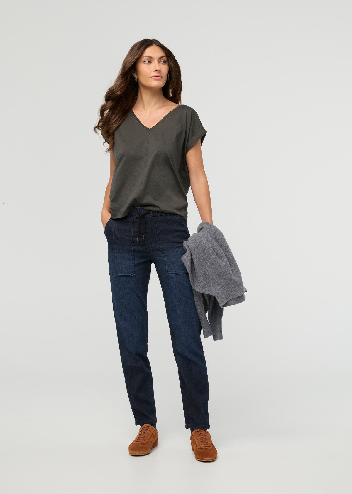 Women's Carbon Stone Relaxed Pull On Lightweight Denim Pants front full body