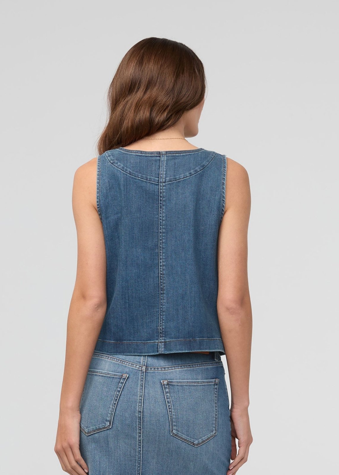 womens blue ash denim zip vest back