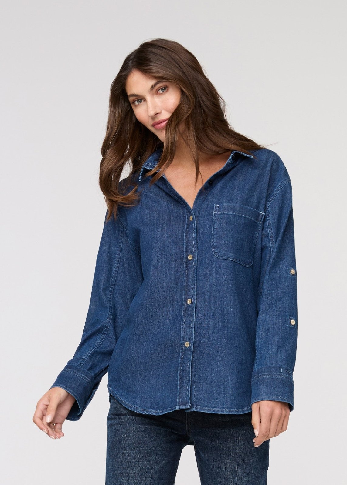 womens medium stone lightweight denim relaxed button down front