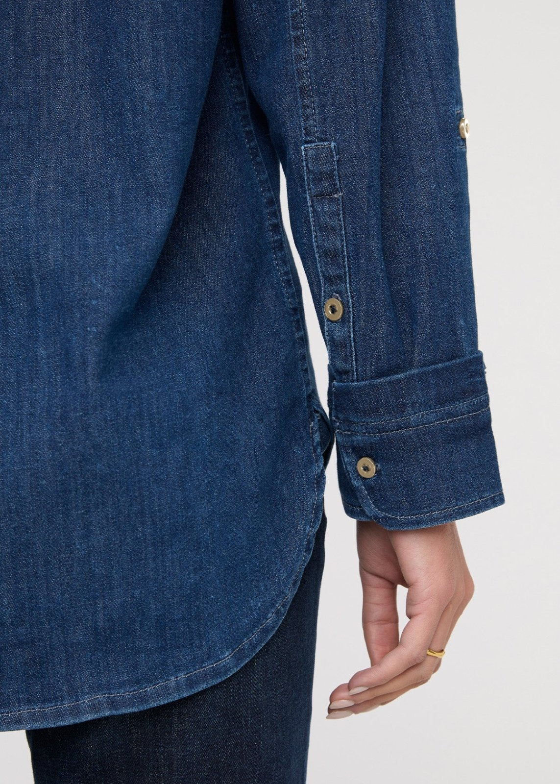 womens medium stone lightweight denim relaxed button down cuff back