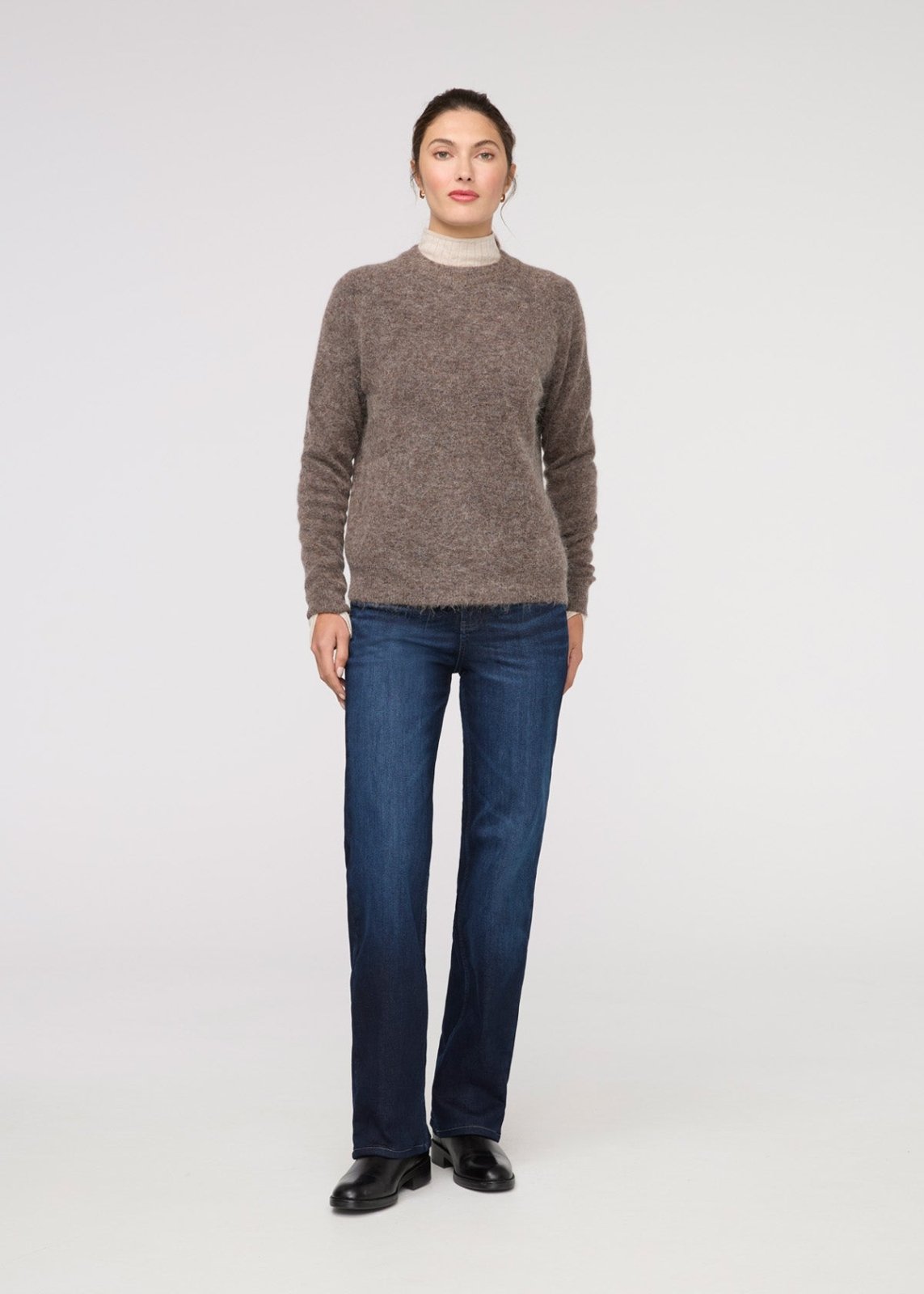womens dark wash high rise straight leg fleece-lined jeans full body