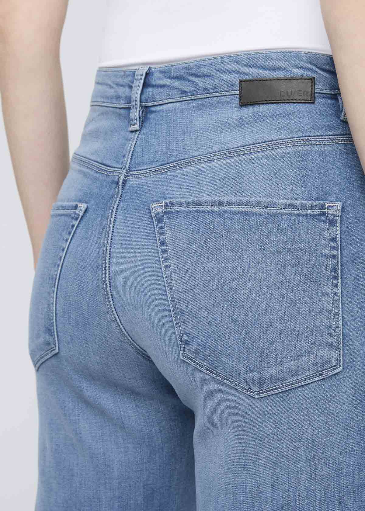 women's medium wash no sweat denim high rise wide leg back patch and pocket detail