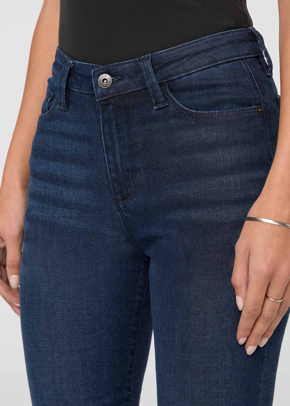 womens no sweat denim worn rinse slim straight jeans front waistband detail