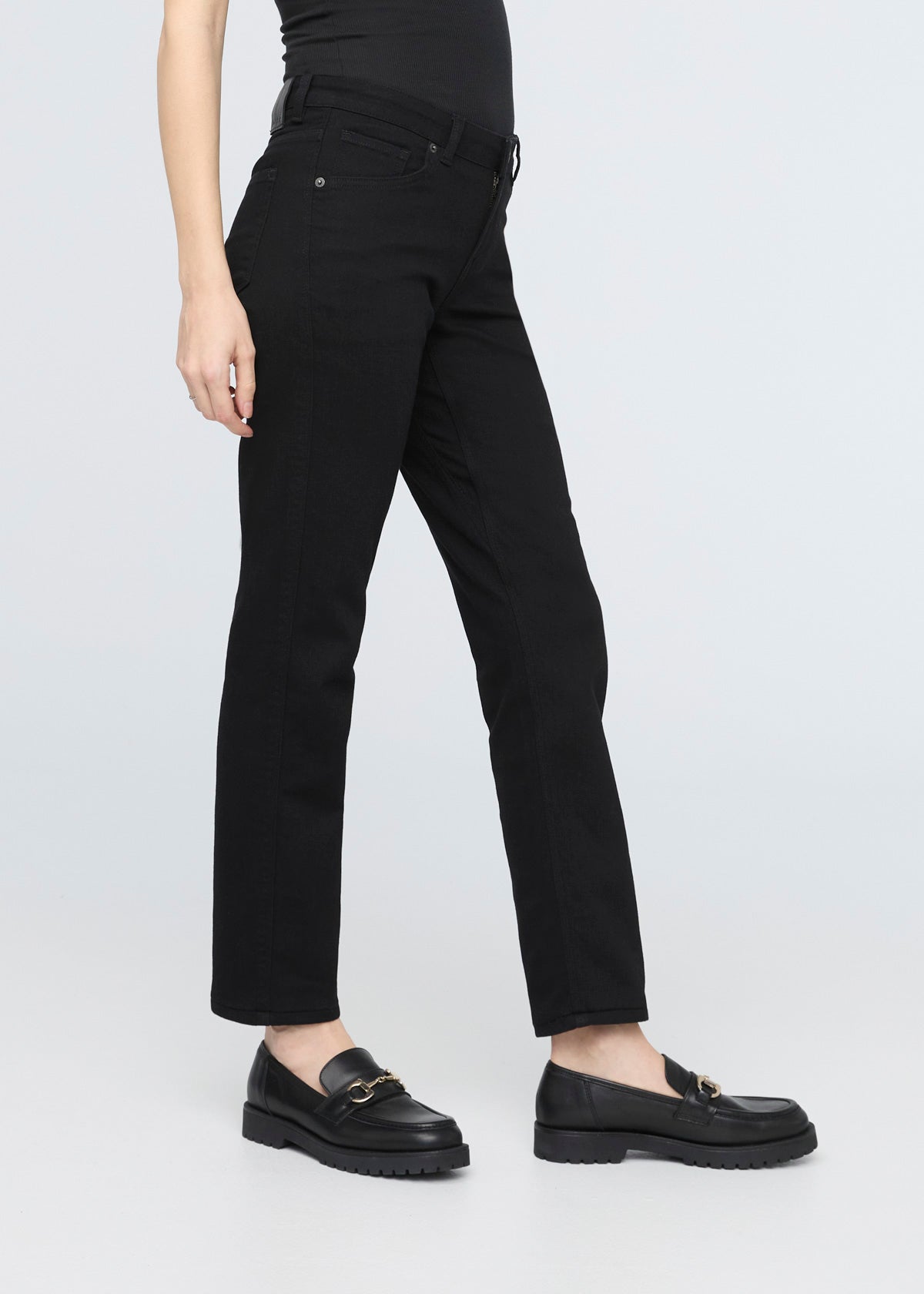 women's black relaxed fit stretch mid rise jeans side