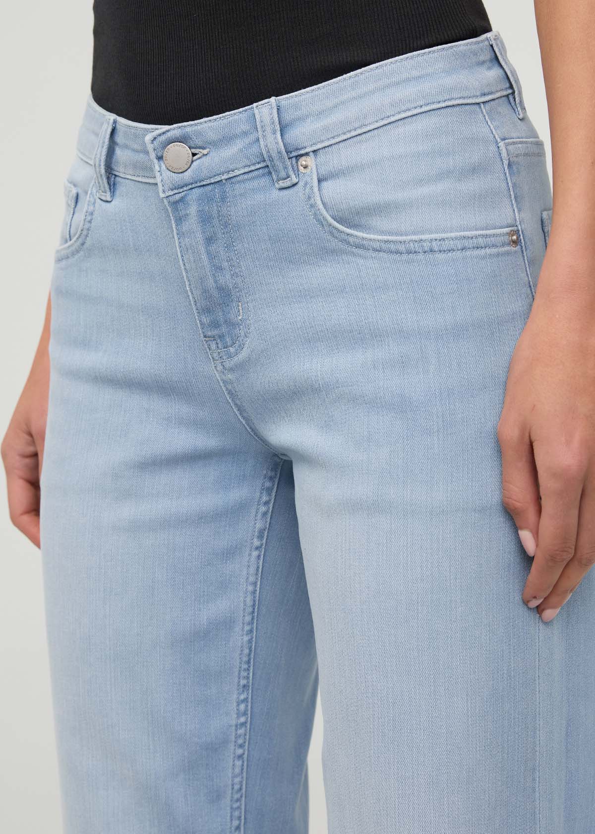 Womens Desert Blue Mid Rise Straight Stretch Jeans front waistband detail