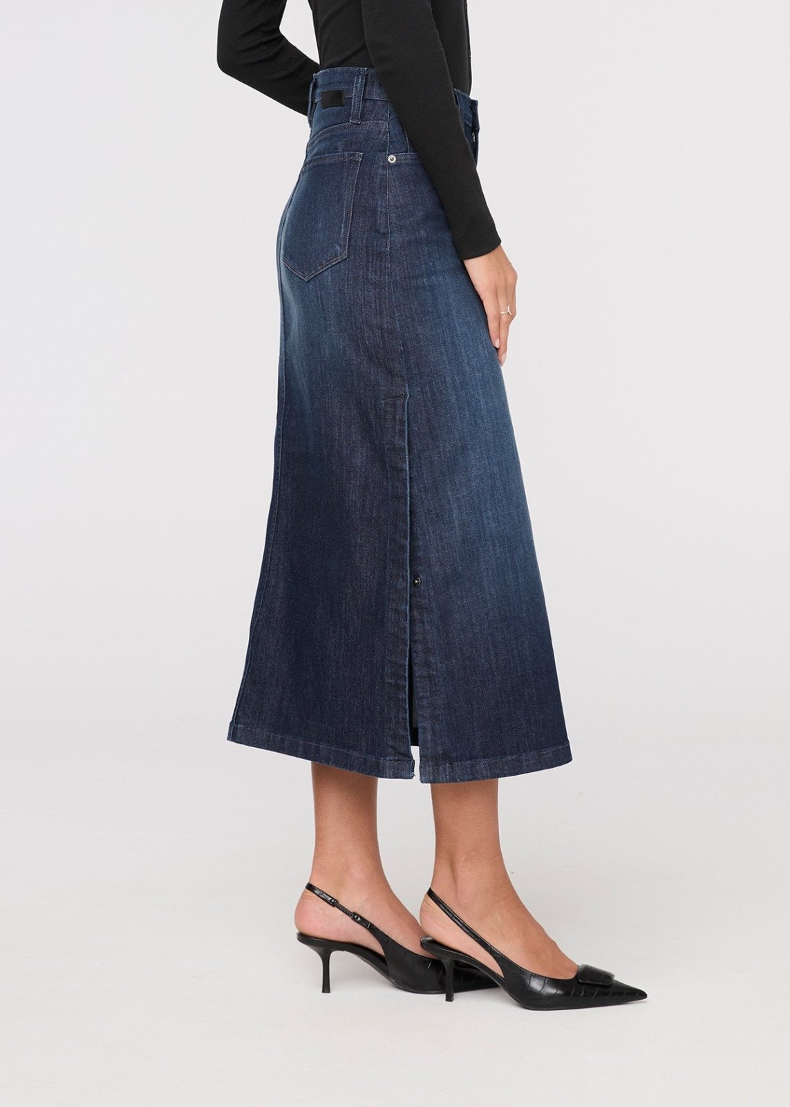 womens dark stone denim slit skirt side